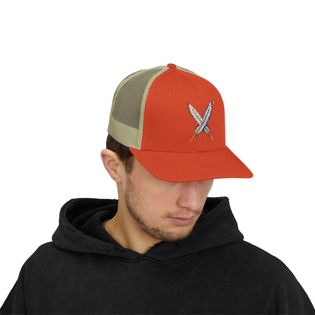 Embroidered Gold Feathered Surfboard Cross Snapback Trucker Cap