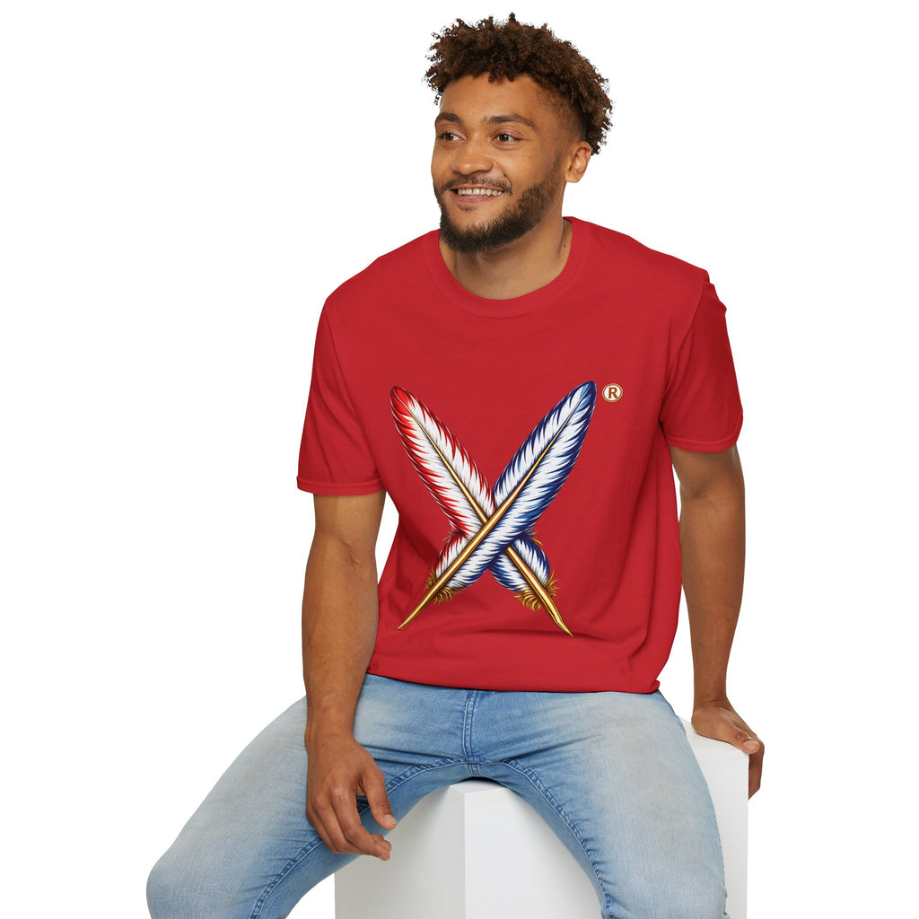 Activists X® Gold Feather Cross Tee — Red & Blue Tribal Feather Graphic T-Shirt