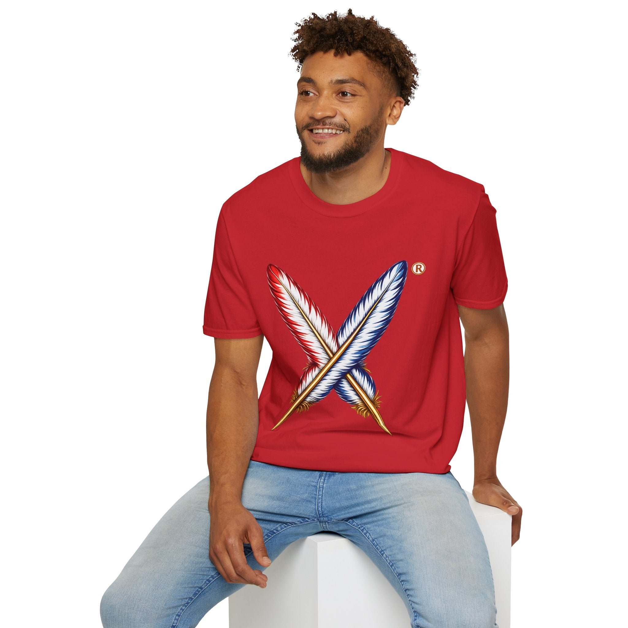 Activists X® Gold Feather Cross Tee — Red & Blue Tribal Feather Graphic T-Shirt