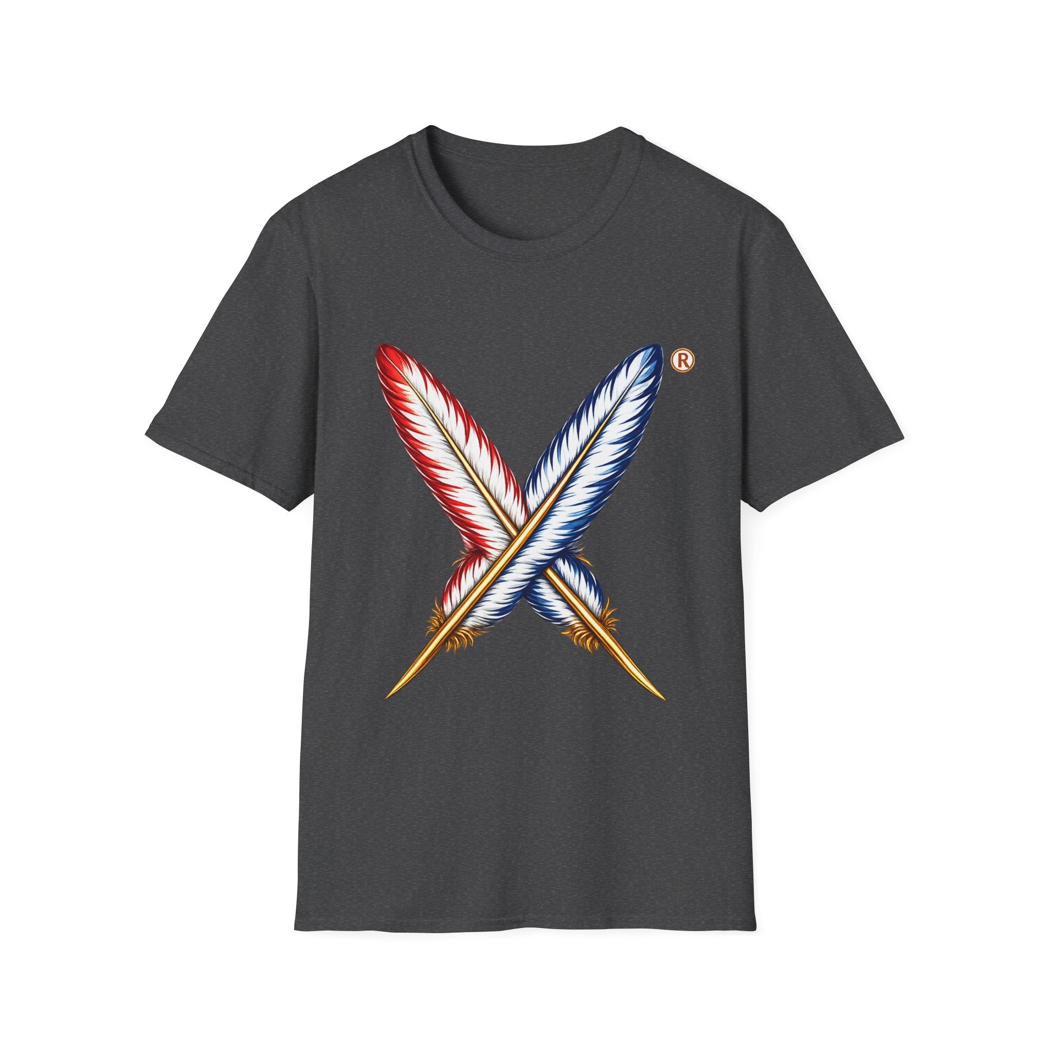 Activists X® Gold Feather Cross Tee — Red & Blue Tribal Feather Graphic T-Shirt