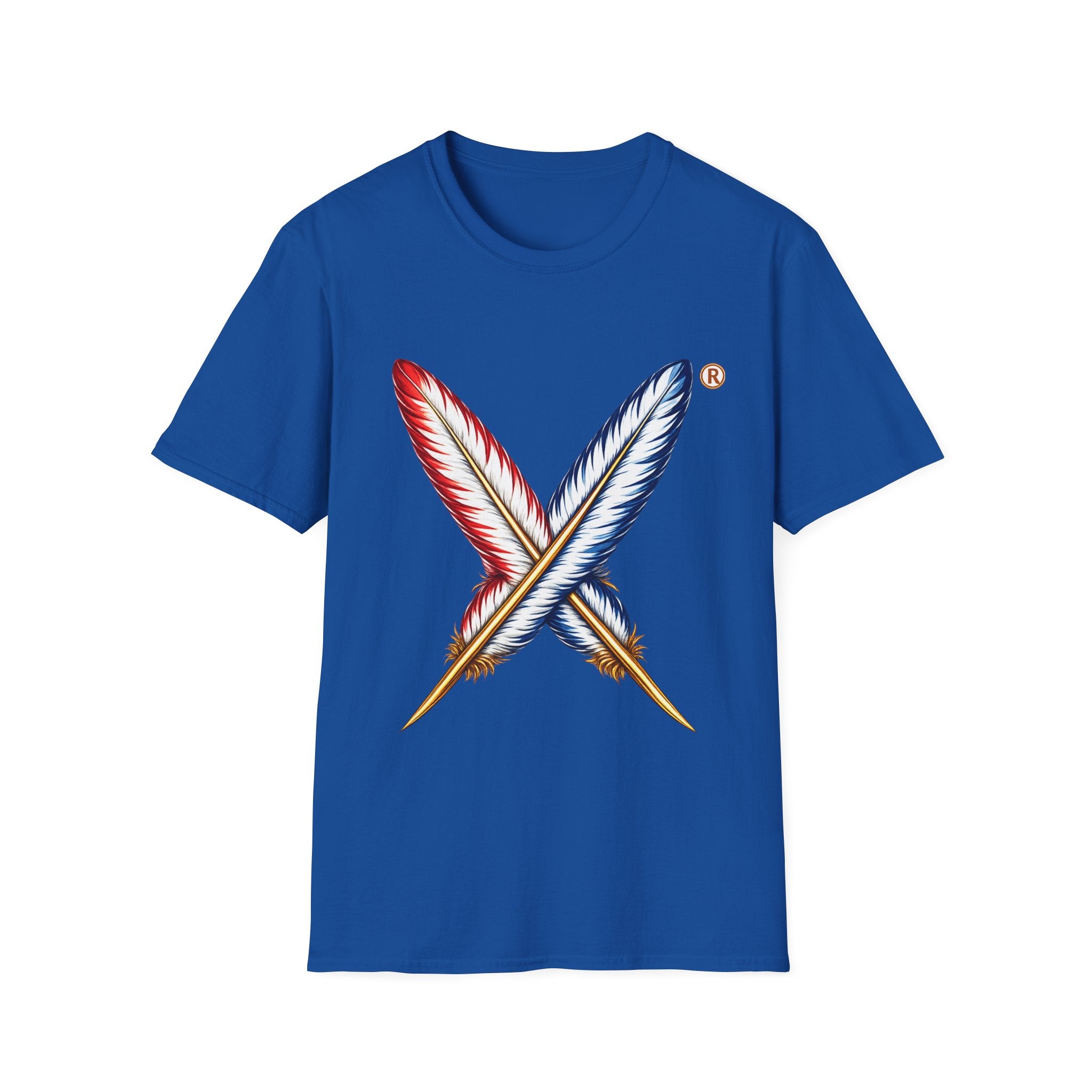 Activists X® Gold Feather Cross Tee — Red & Blue Tribal Feather Graphic T-Shirt