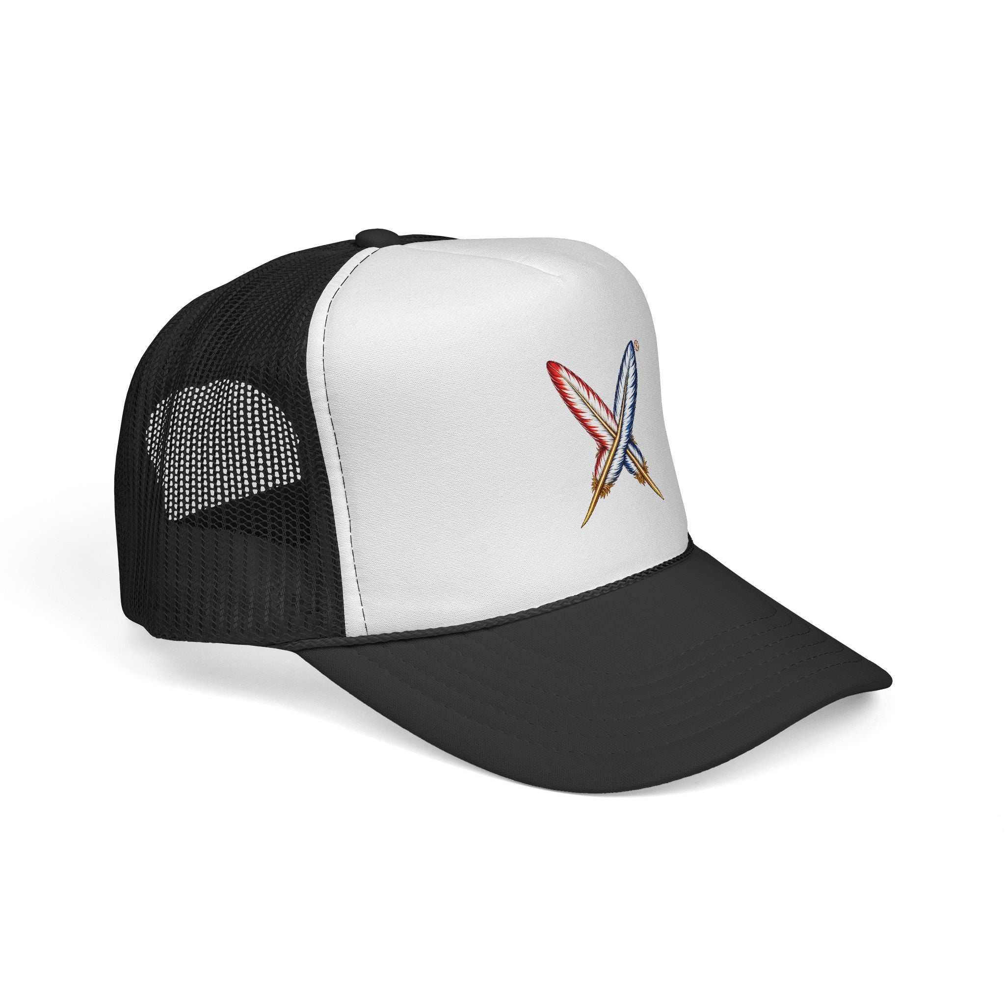 Surfboard Cross Trucker Cap — Embroidered Gold feathered Design