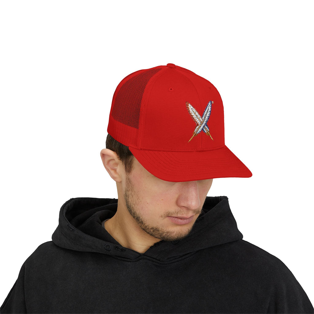 Embroidered Gold Feathered Surfboard Cross Snapback Trucker Cap