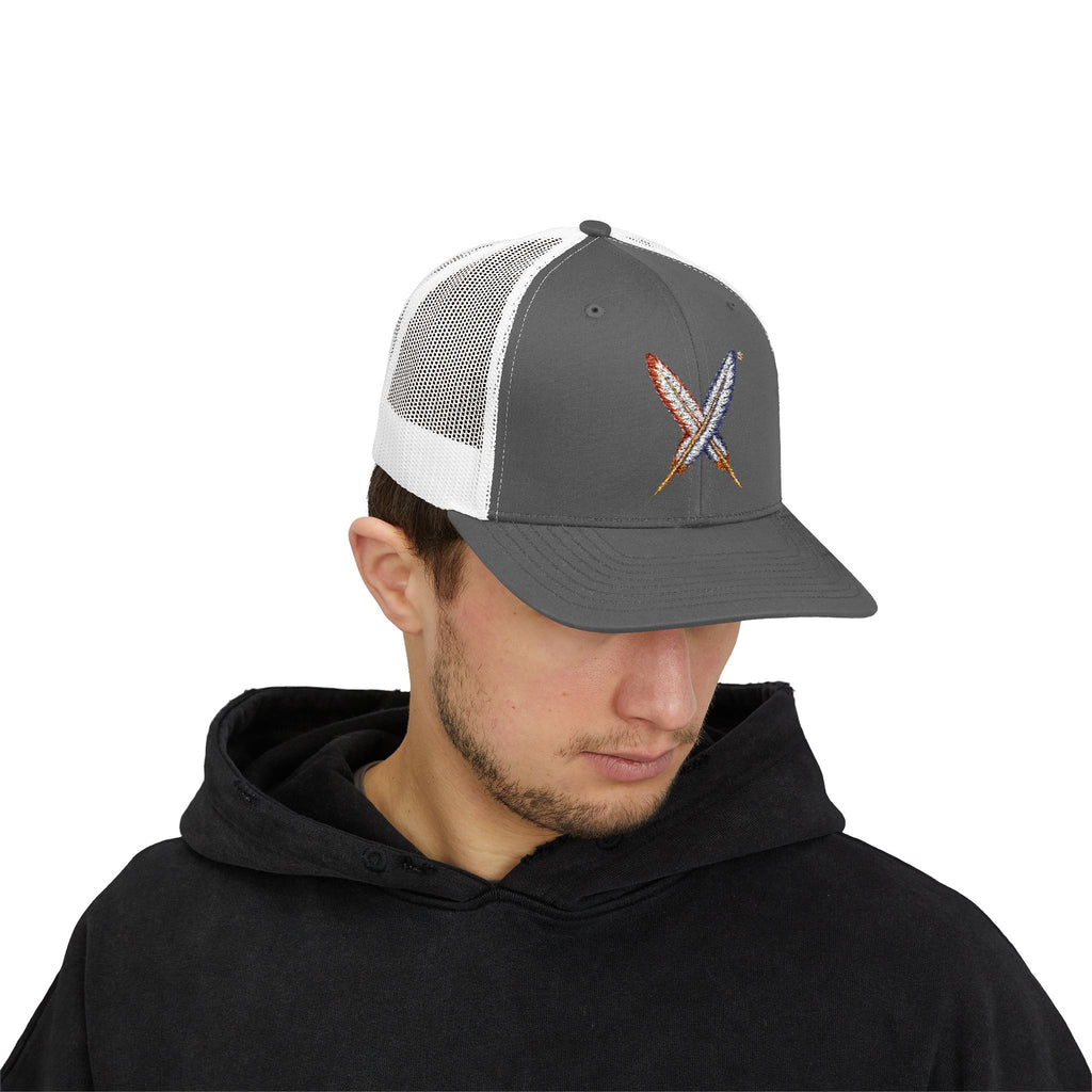Embroidered Gold Feathered Surfboard Cross Snapback Trucker Cap