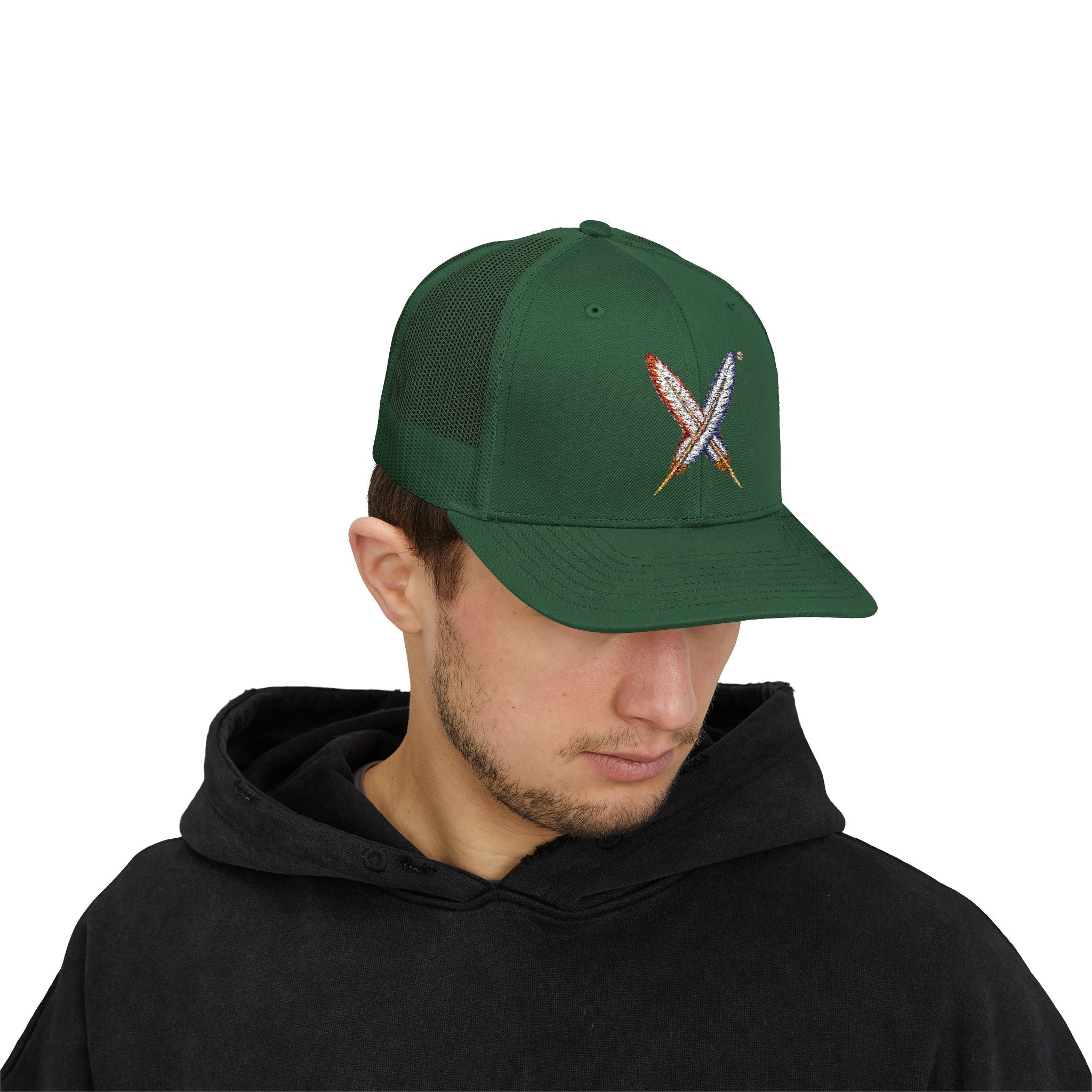 Embroidered Gold Feathered Surfboard Cross Snapback Trucker Cap