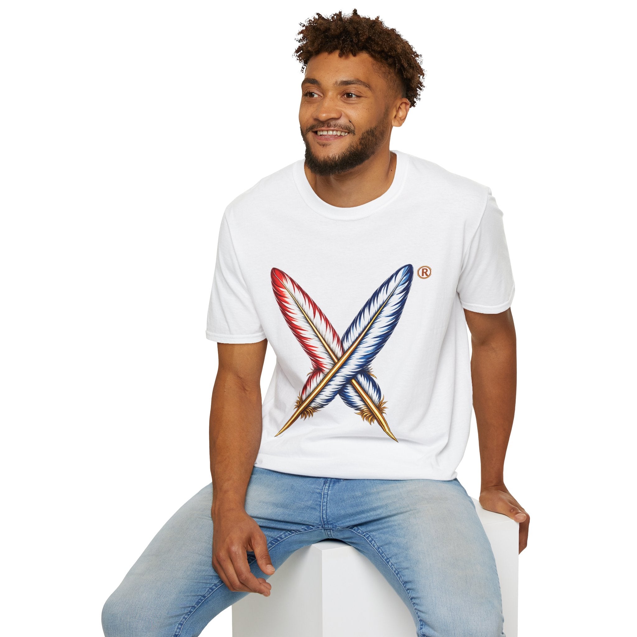 Activists X® Gold Feather Cross Tee — Red & Blue Tribal Feather Graphic T-Shirt