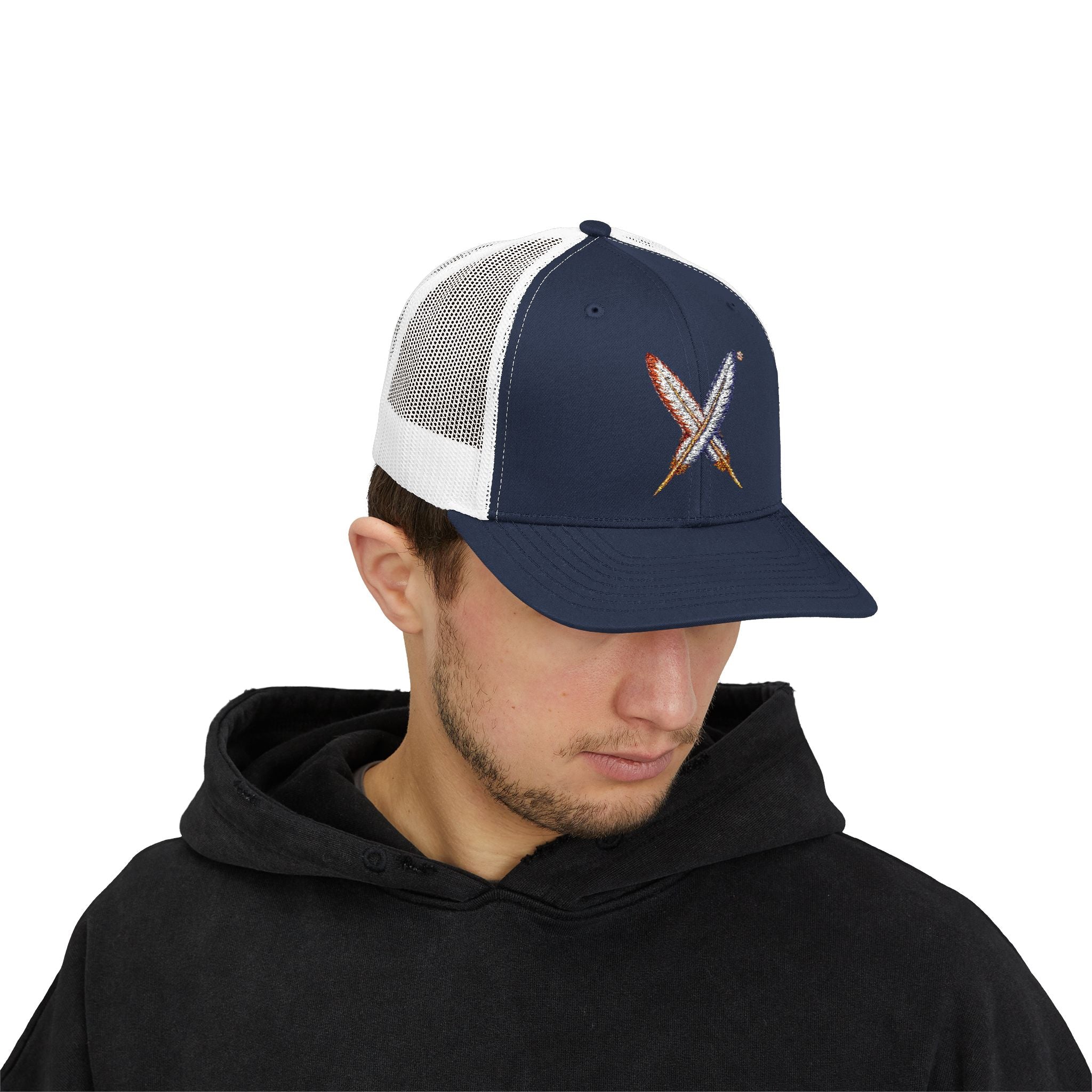 Embroidered Gold Feathered Surfboard Cross Snapback Trucker Cap