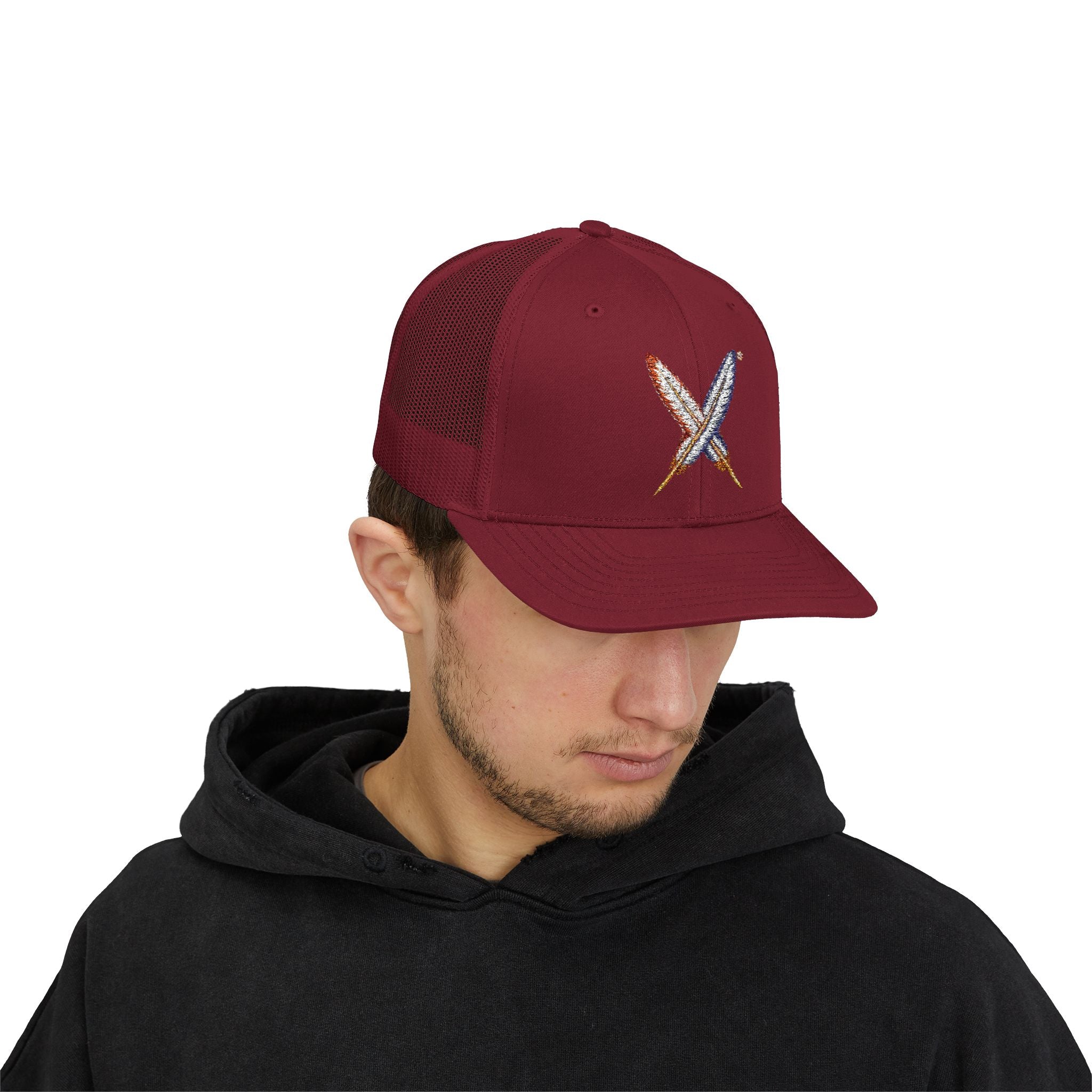Embroidered Gold Feathered Surfboard Cross Snapback Trucker Cap