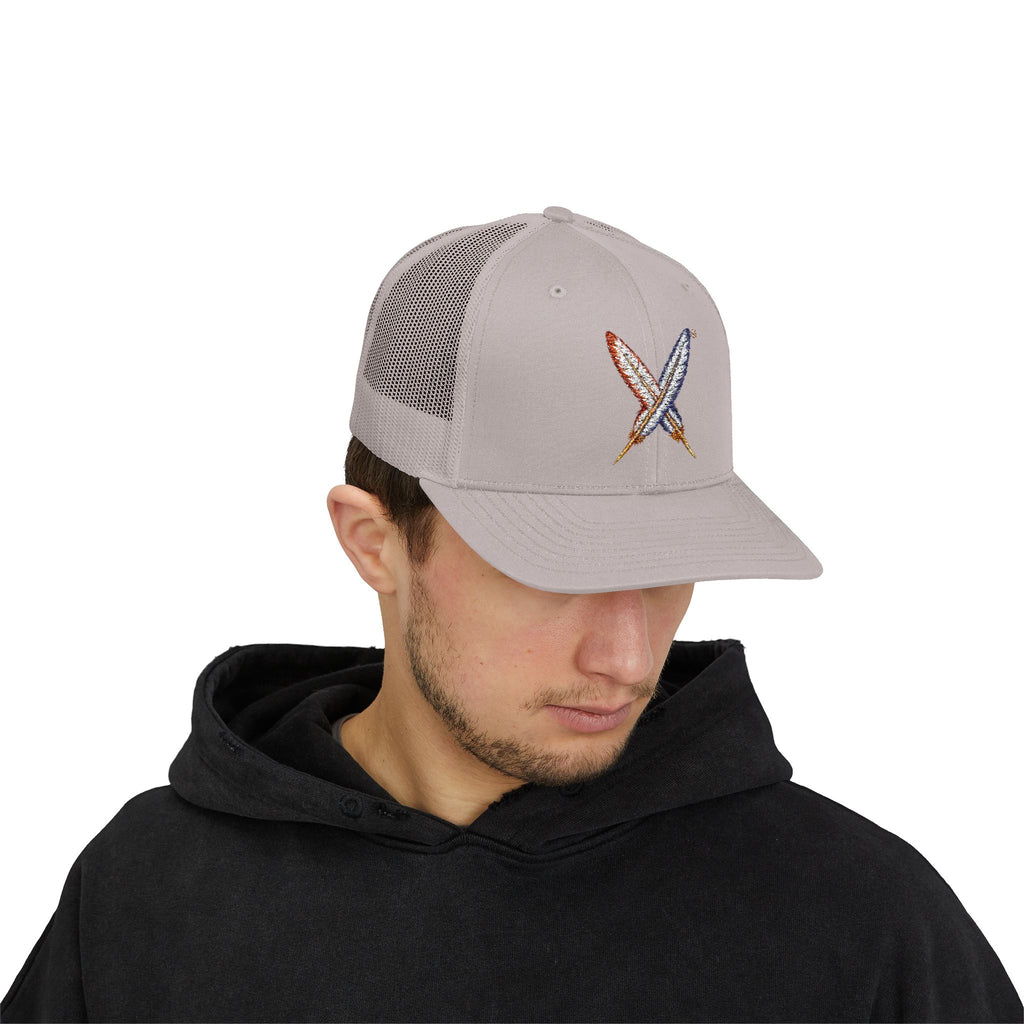 Embroidered Gold Feathered Surfboard Cross Snapback Trucker Cap