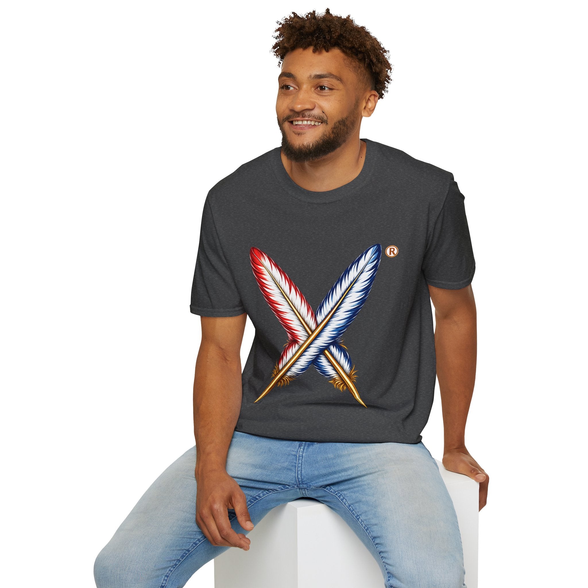 Activists X® Gold Feather Cross Tee — Red & Blue Tribal Feather Graphic T-Shirt