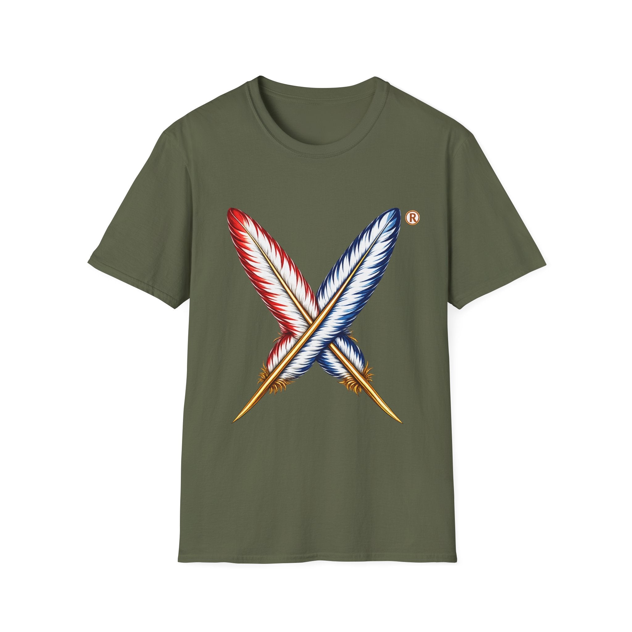 Activists X® Gold Feather Cross Tee — Red & Blue Tribal Feather Graphic T-Shirt