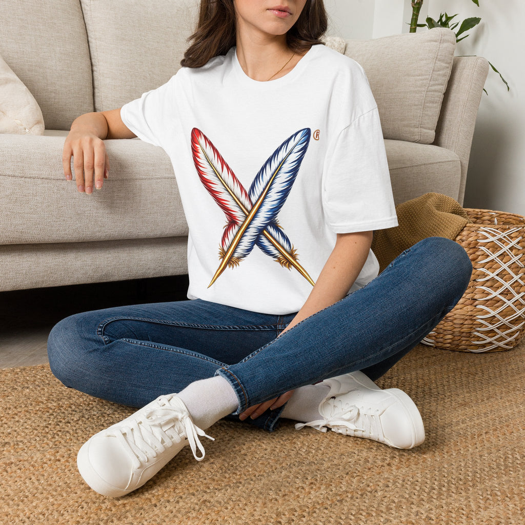 Activists X® Gold Feather Cross Tee — Red & Blue Tribal Feather Graphic T-Shirt
