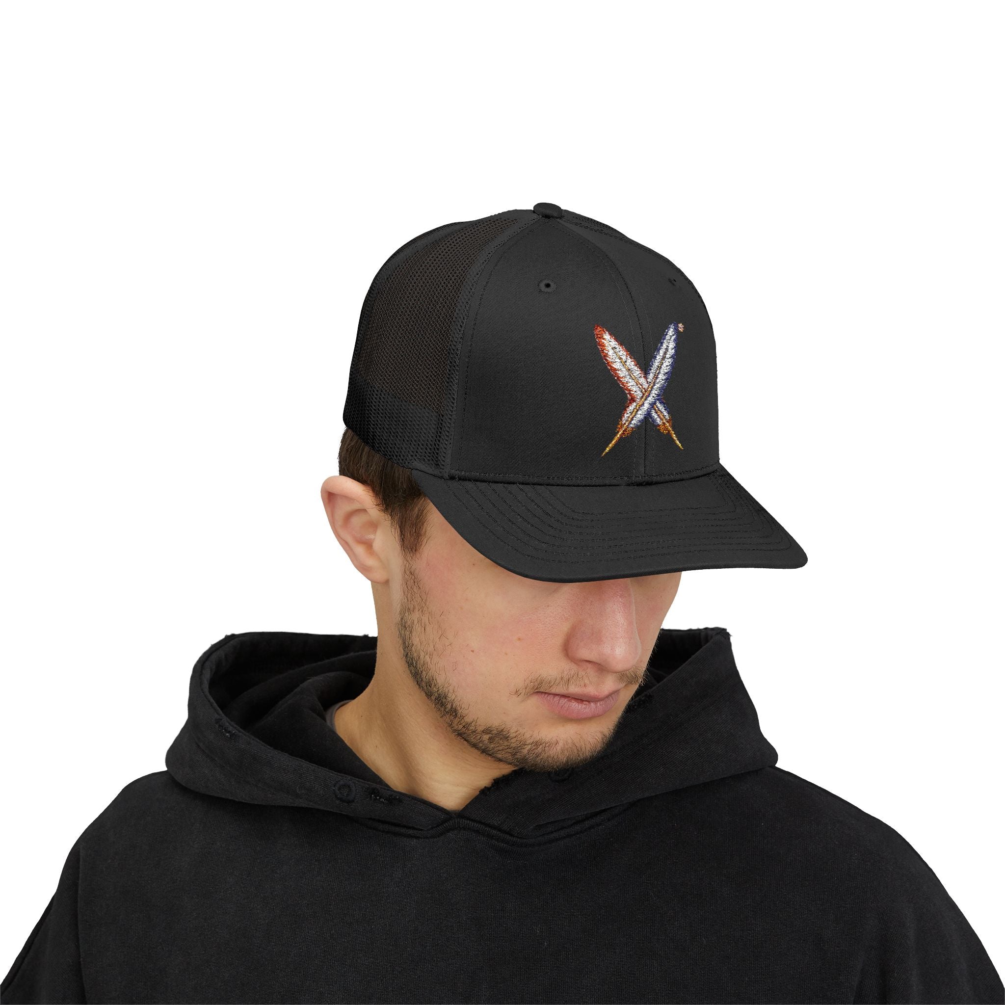 Embroidered Gold Feathered Surfboard Cross Snapback Trucker Cap