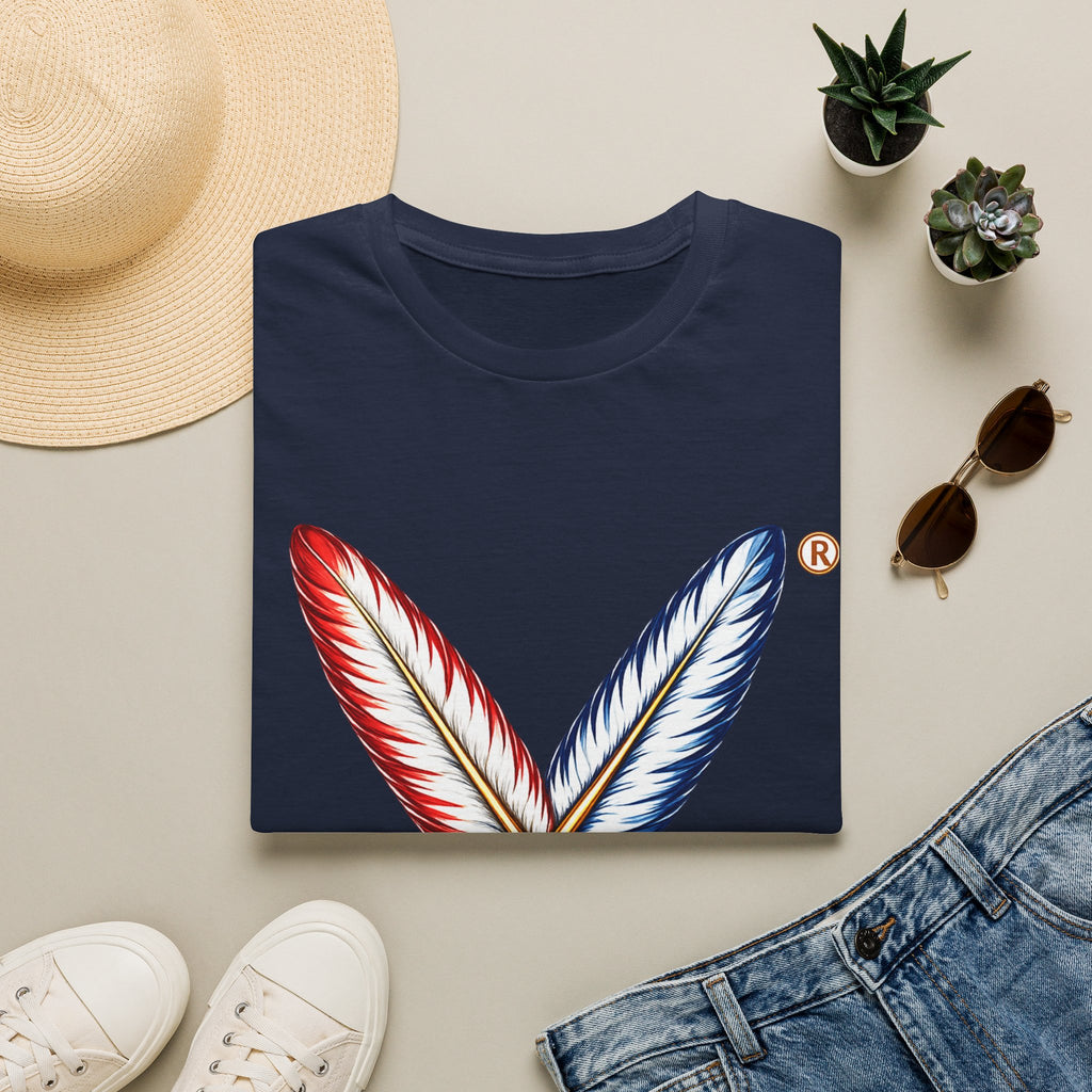 Activists X® Gold Feather Cross Tee — Red & Blue Tribal Feather Graphic T-Shirt