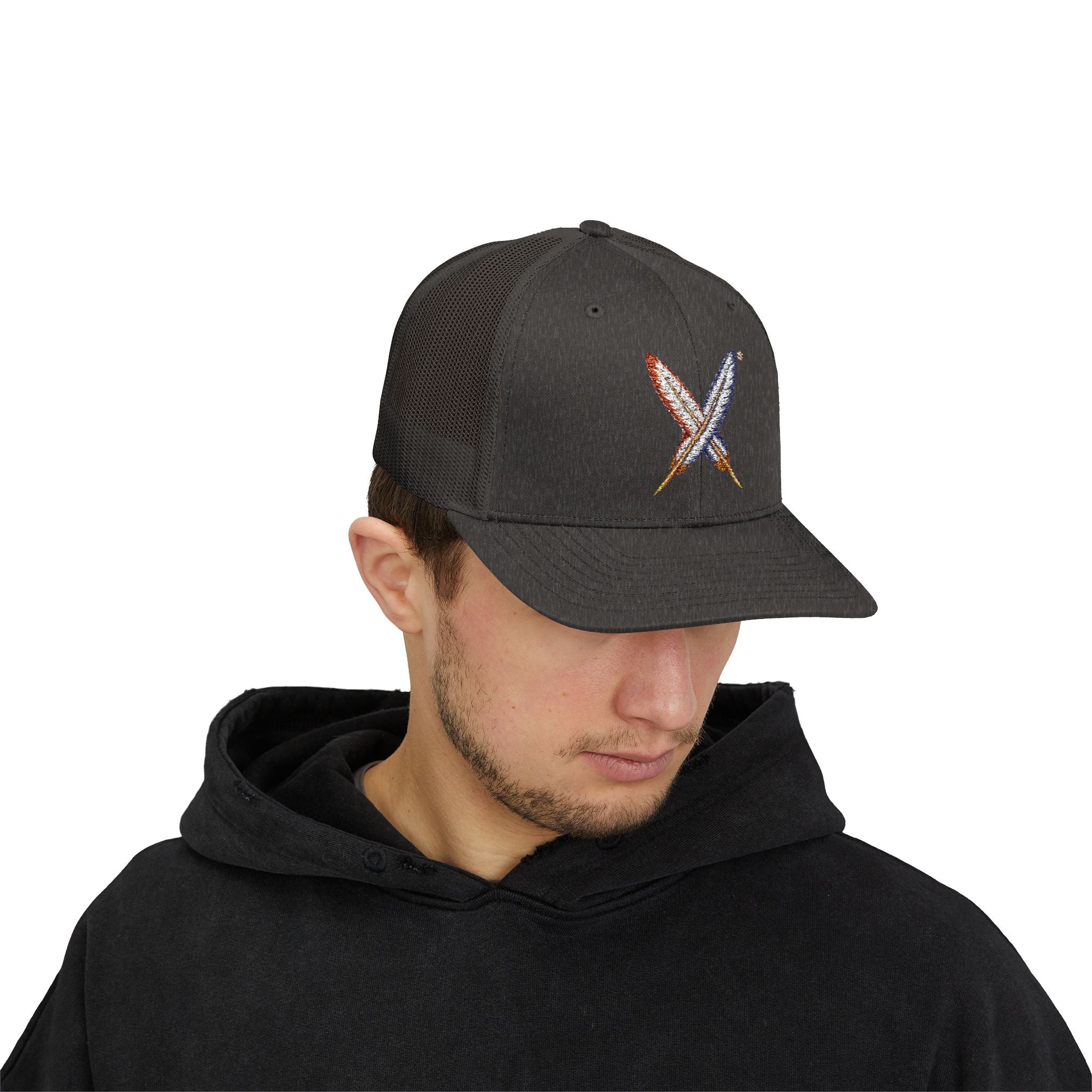 Embroidered Gold Feathered Surfboard Cross Snapback Trucker Cap