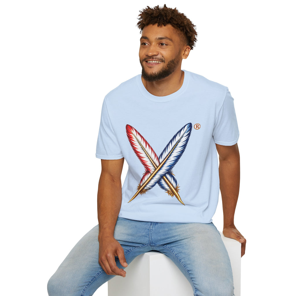 Activists X® Gold Feather Cross Tee — Red & Blue Tribal Feather Graphic T-Shirt