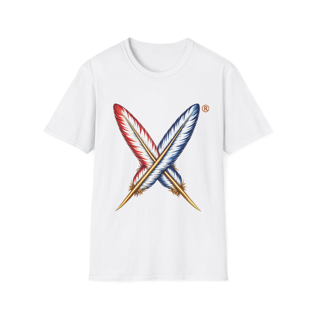 Activists X® Gold Feather Cross Tee — Red & Blue Tribal Feather Graphic T-Shirt
