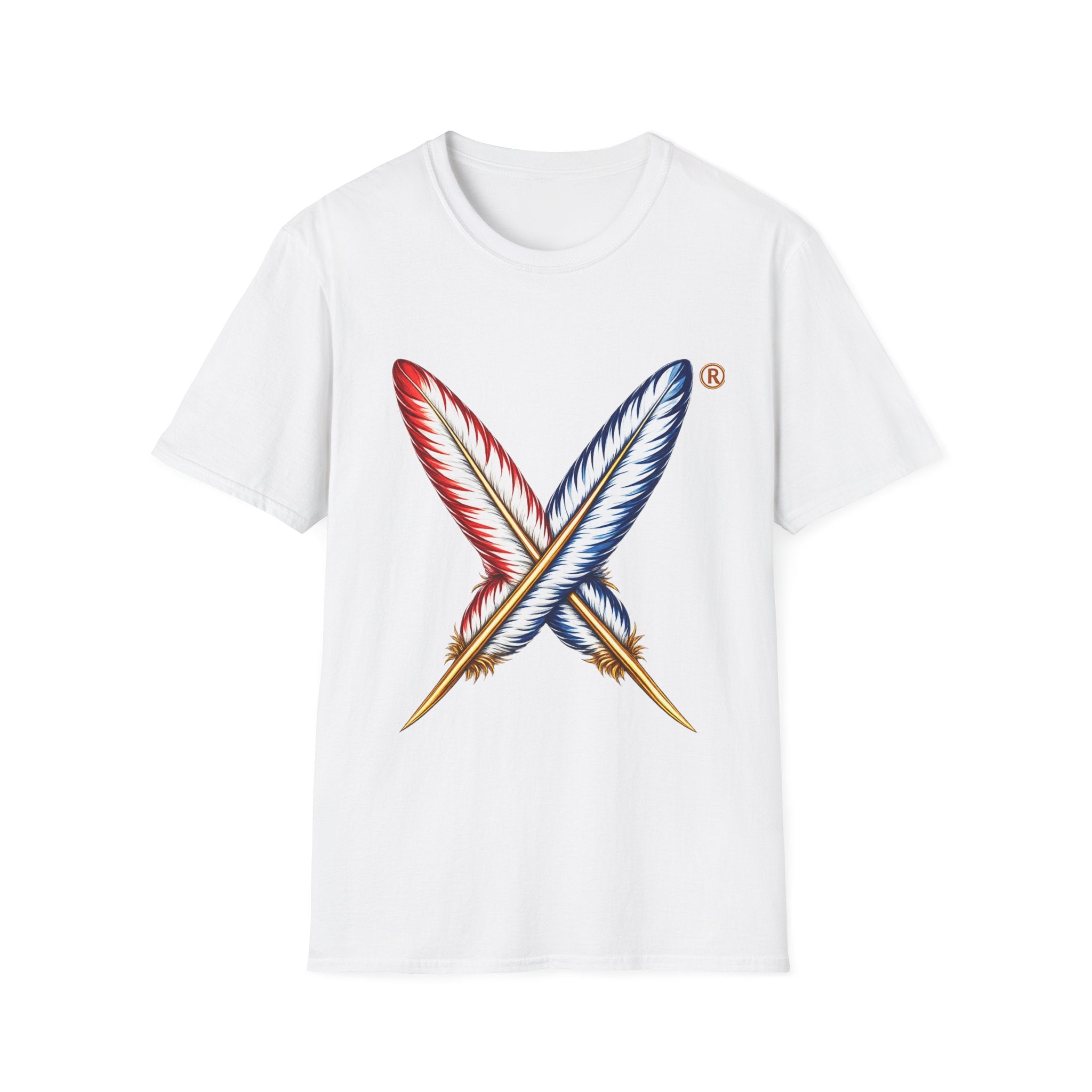 Activists X® Gold Feather Cross Tee — Red & Blue Tribal Feather Graphic T-Shirt