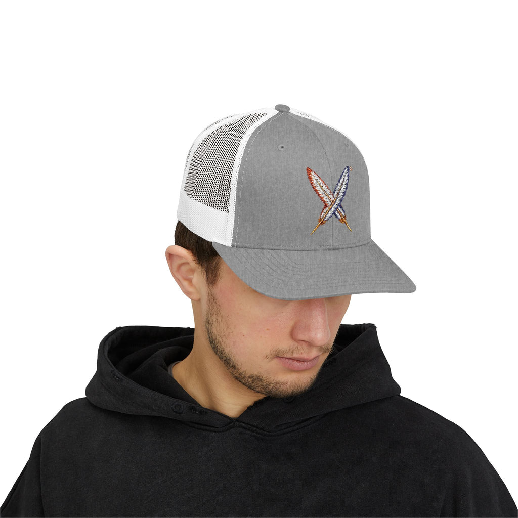 Embroidered Gold Feathered Surfboard Cross Snapback Trucker Cap