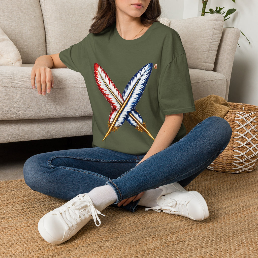 Activists X® Gold Feather Cross Tee — Red & Blue Tribal Feather Graphic T-Shirt