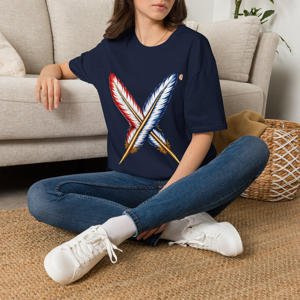 Activists X® Gold Feather Cross Tee — Red & Blue Tribal Feather Graphic T-Shirt