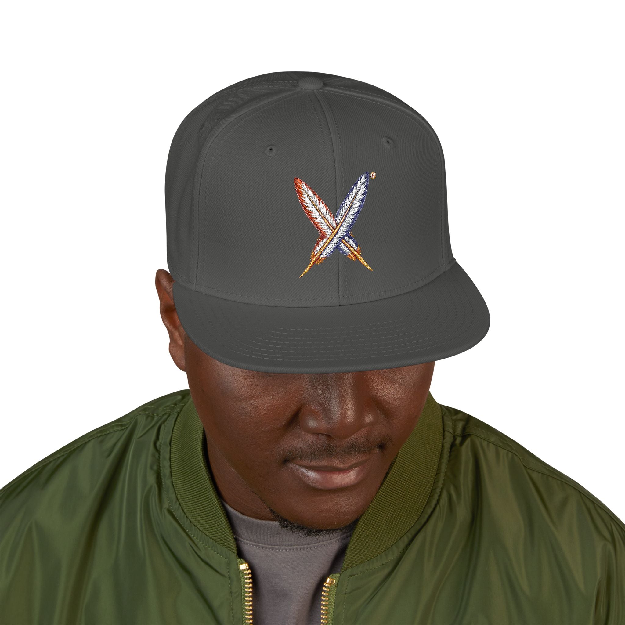 Embroidered Gold Feathered Logo Snapback Hat — Streetwear Baseball Cap