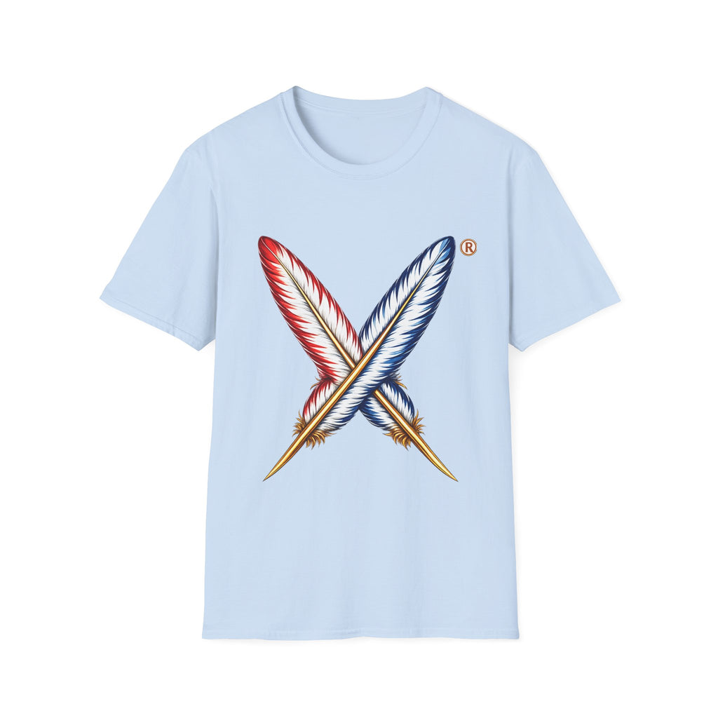 Activists X® Gold Feather Cross Tee — Red & Blue Tribal Feather Graphic T-Shirt