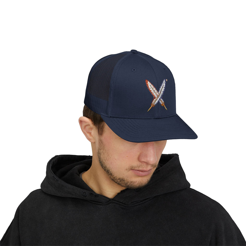 Embroidered Gold Feathered Surfboard Cross Snapback Trucker Cap