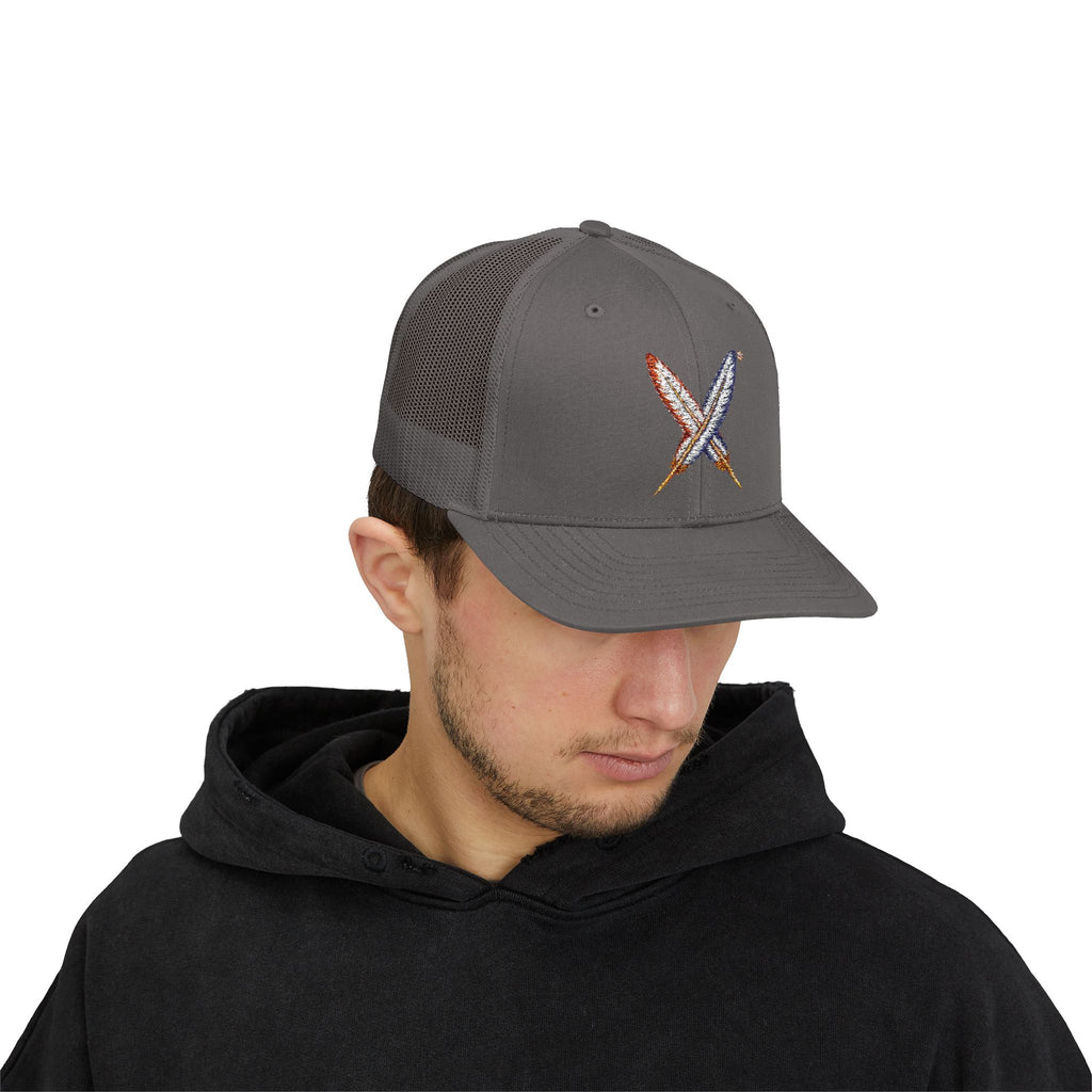 Embroidered Gold Feathered Surfboard Cross Snapback Trucker Cap