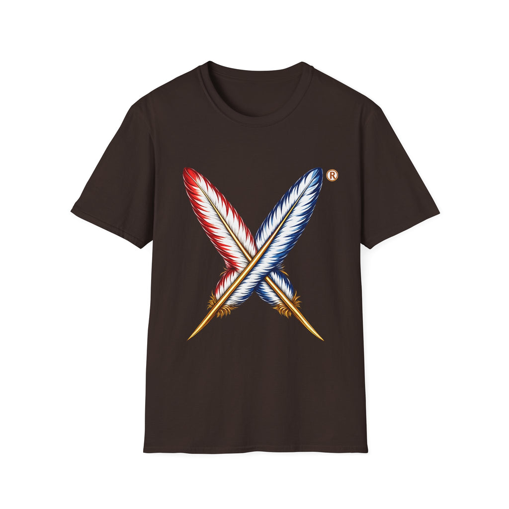 Activists X® Gold Feather Cross Tee — Red & Blue Tribal Feather Graphic T-Shirt