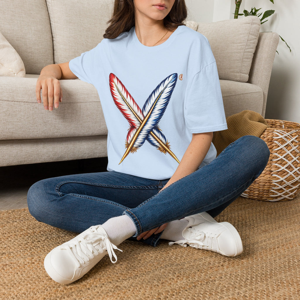 Activists X® Gold Feather Cross Tee — Red & Blue Tribal Feather Graphic T-Shirt
