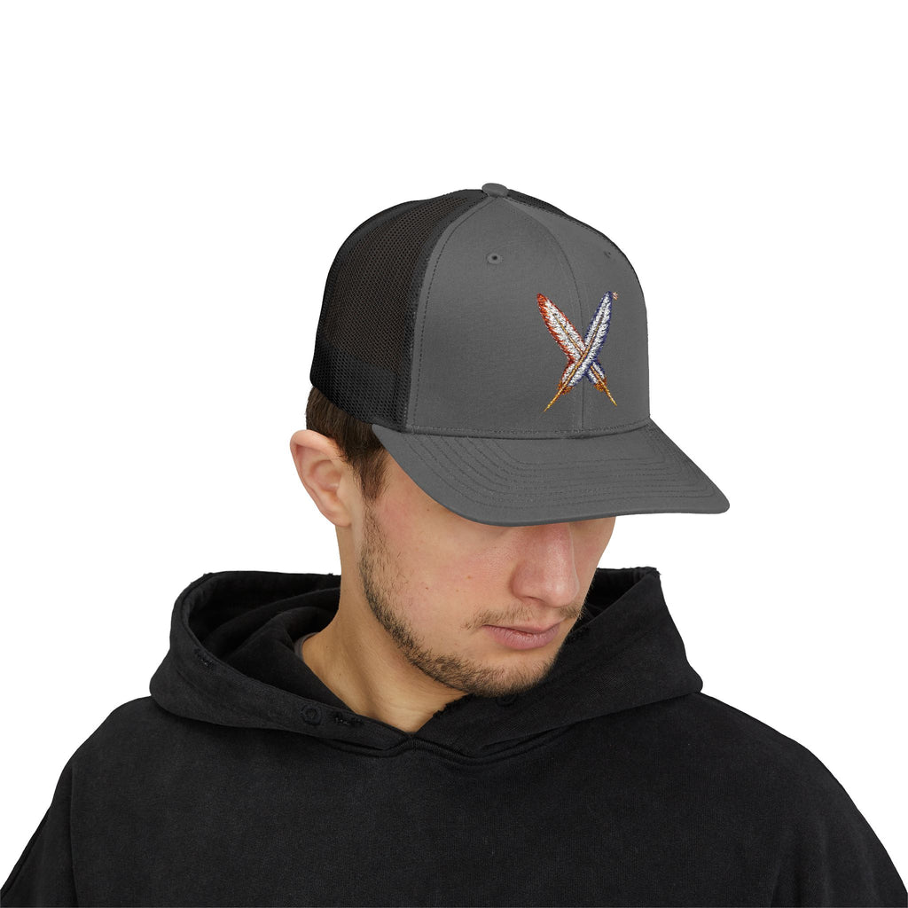 Embroidered Gold Feathered Surfboard Cross Snapback Trucker Cap
