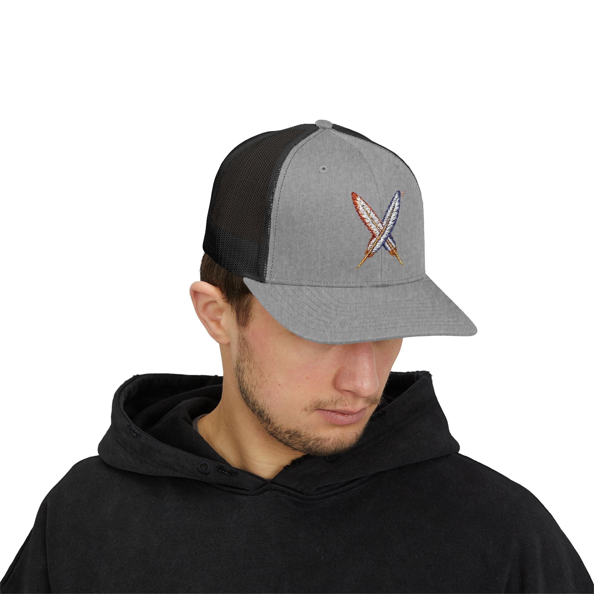 Embroidered Gold Feathered Surfboard Cross Snapback Trucker Cap
