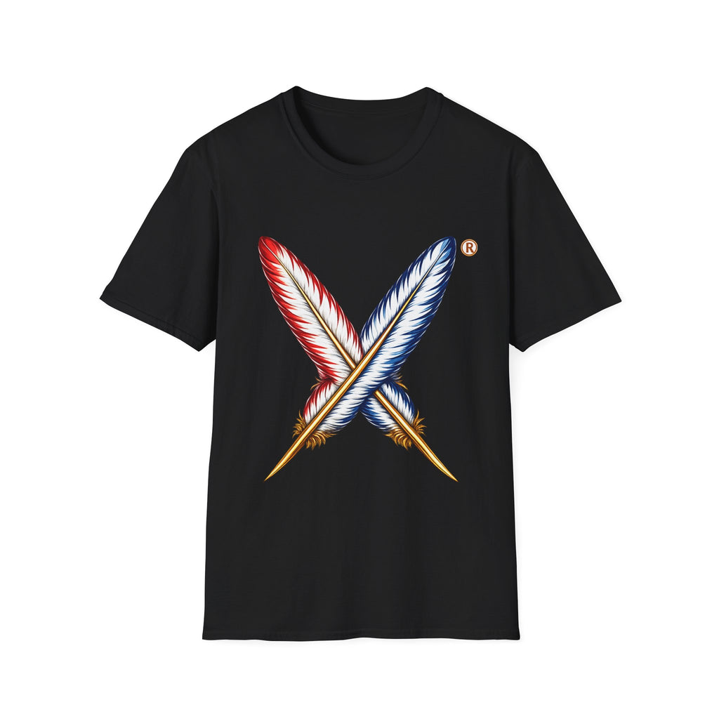 Activists X® Gold Feather Cross Tee — Red & Blue Tribal Feather Graphic T-Shirt