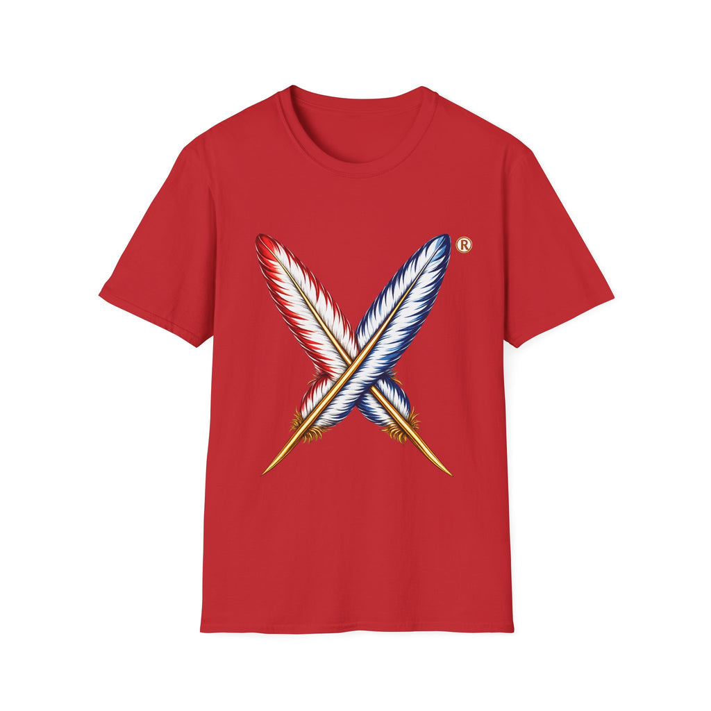 Activists X® Gold Feather Cross Tee — Red & Blue Tribal Feather Graphic T-Shirt