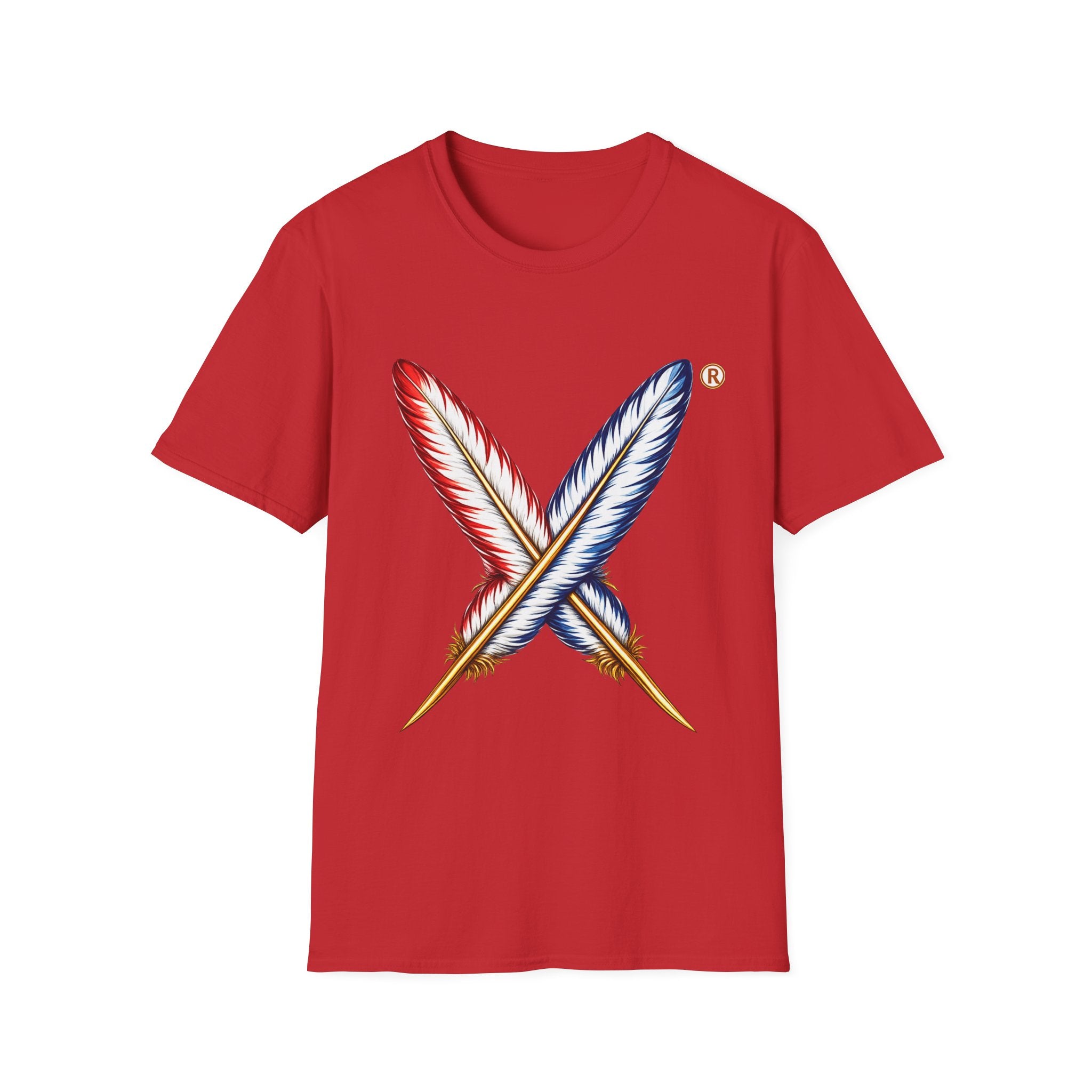 Activists X® Gold Feather Cross Tee — Red & Blue Tribal Feather Graphic T-Shirt