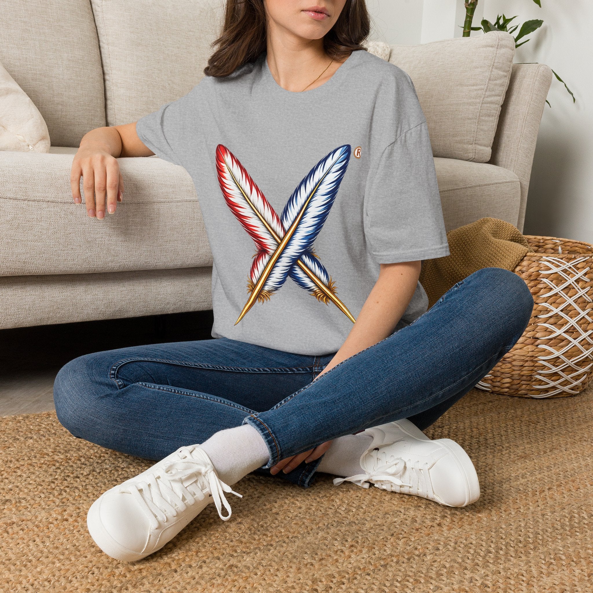 Activists X® Gold Feather Cross Tee — Red & Blue Tribal Feather Graphic T-Shirt