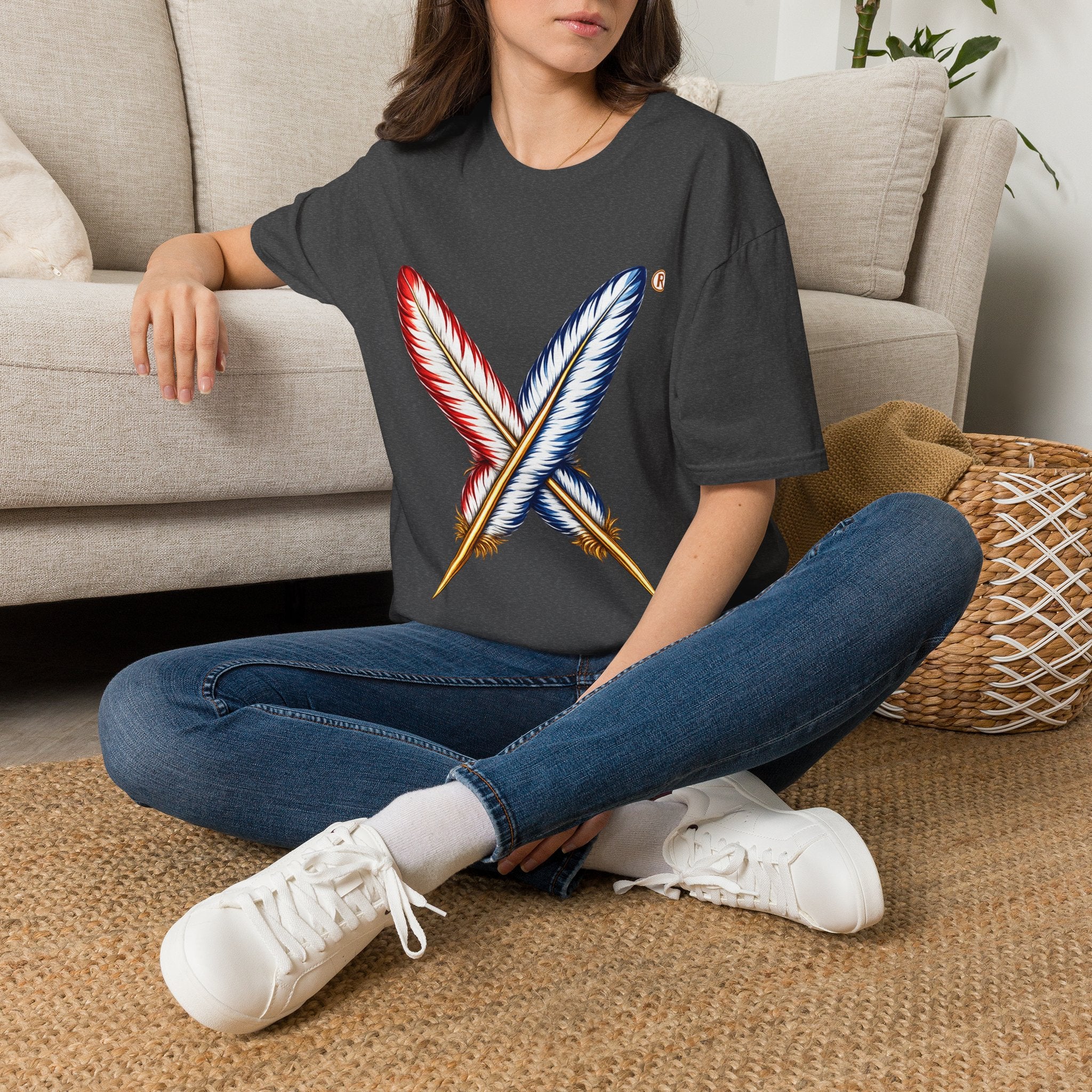 Activists X® Gold Feather Cross Tee — Red & Blue Tribal Feather Graphic T-Shirt