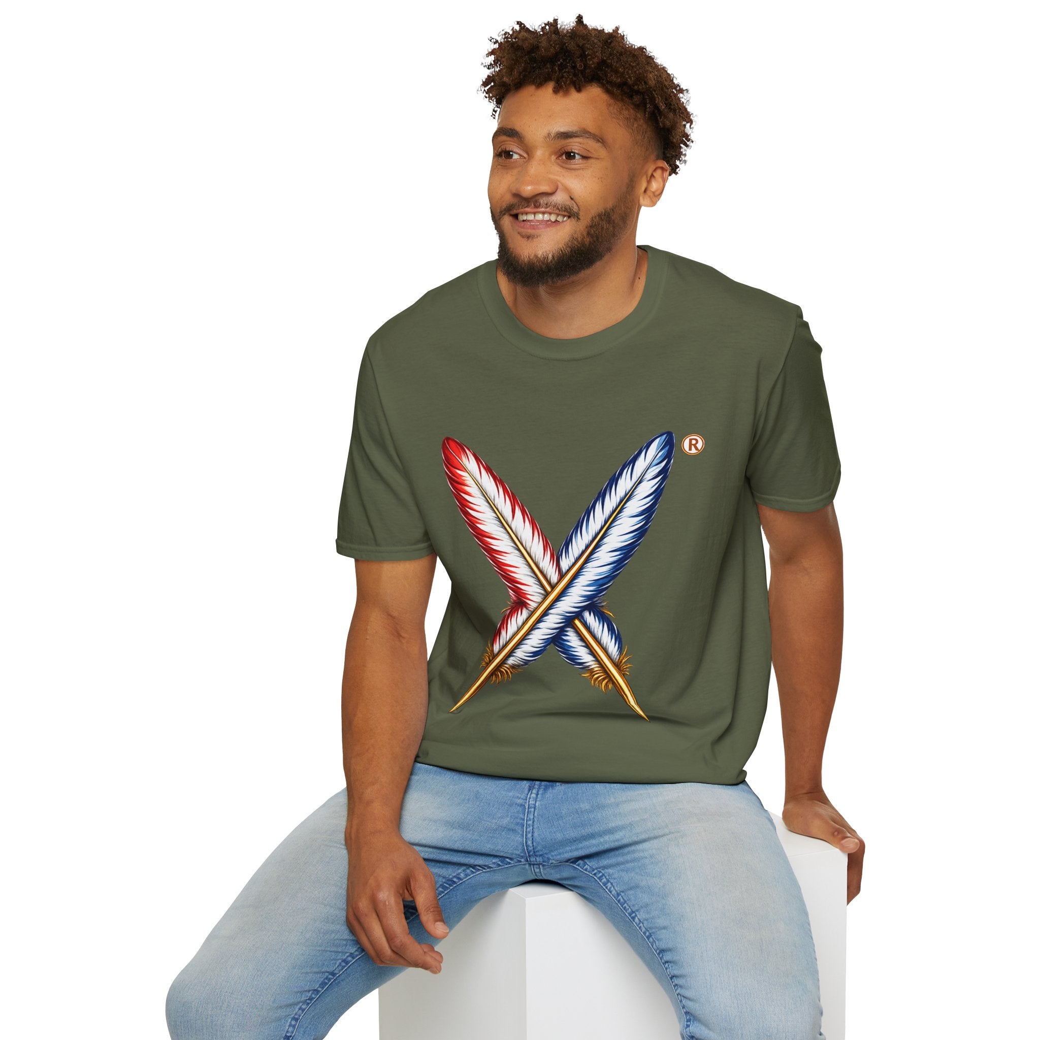 Activists X® Gold Feather Cross Tee — Red & Blue Tribal Feather Graphic T-Shirt