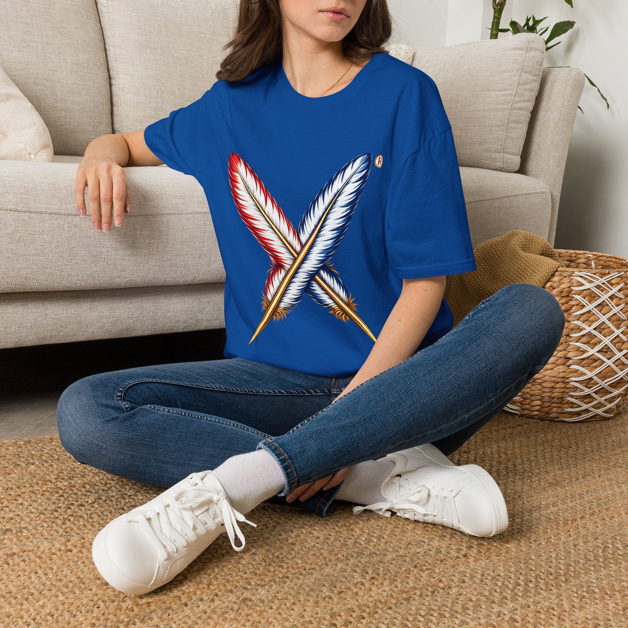 Activists X® Gold Feather Cross Tee — Red & Blue Tribal Feather Graphic T-Shirt