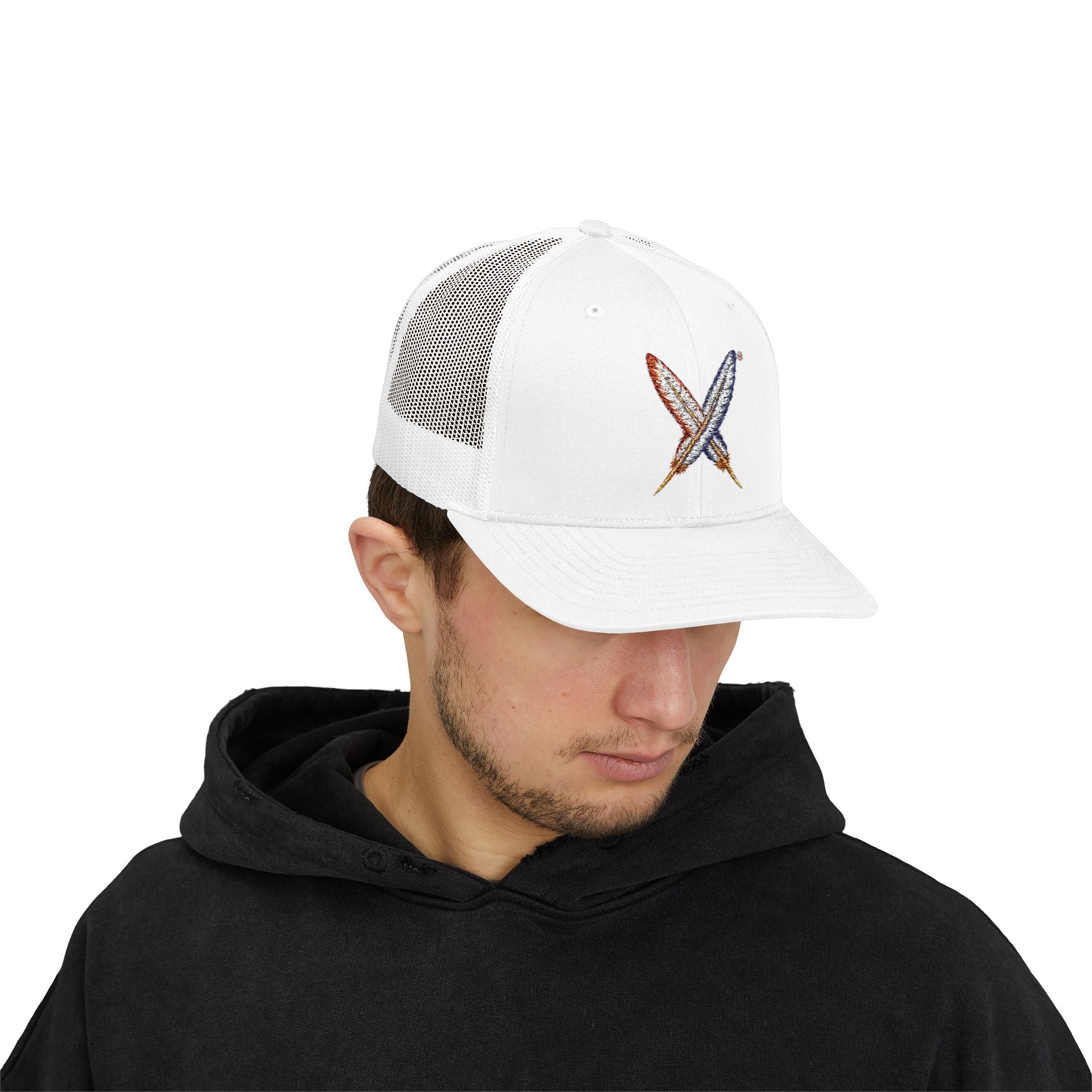 Embroidered Gold Feathered Surfboard Cross Snapback Trucker Cap