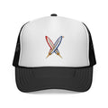 Surfboard Cross Trucker Cap — Embroidered Gold feathered Design