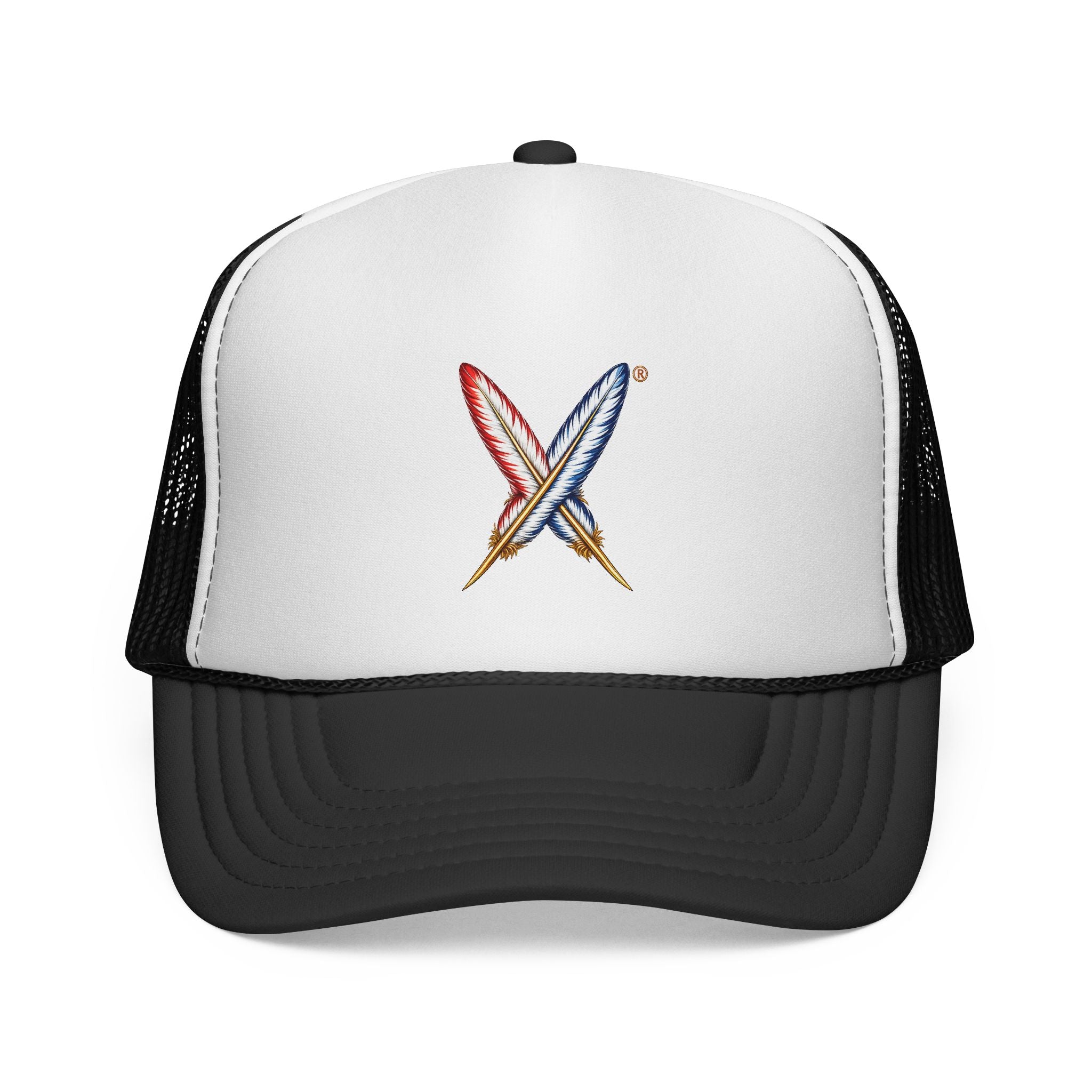 Surfboard Cross Trucker Cap — Embroidered Gold feathered Design