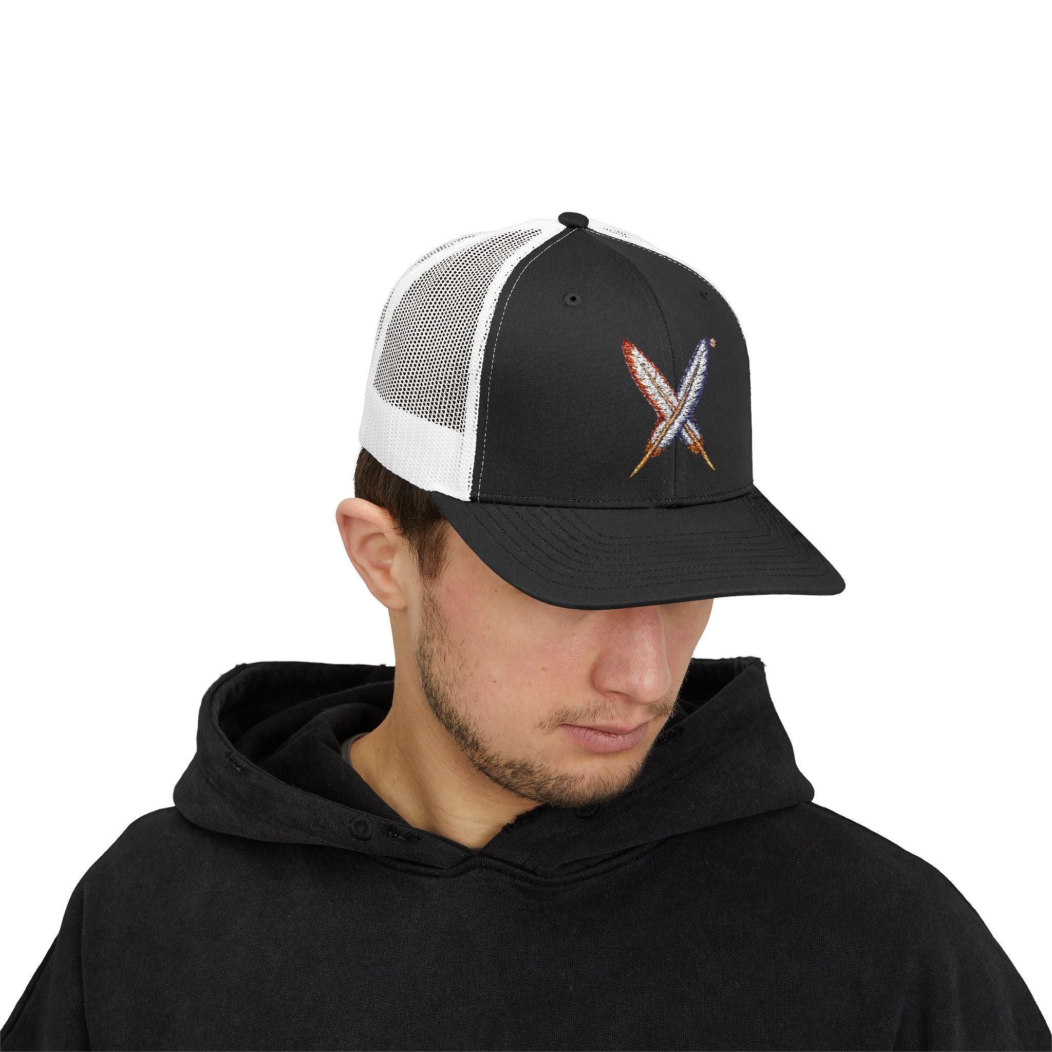 Embroidered Gold Feathered Surfboard Cross Snapback Trucker Cap