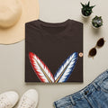 Activists X® Gold Feather Cross Tee — Red & Blue Tribal Feather Graphic T-Shirt