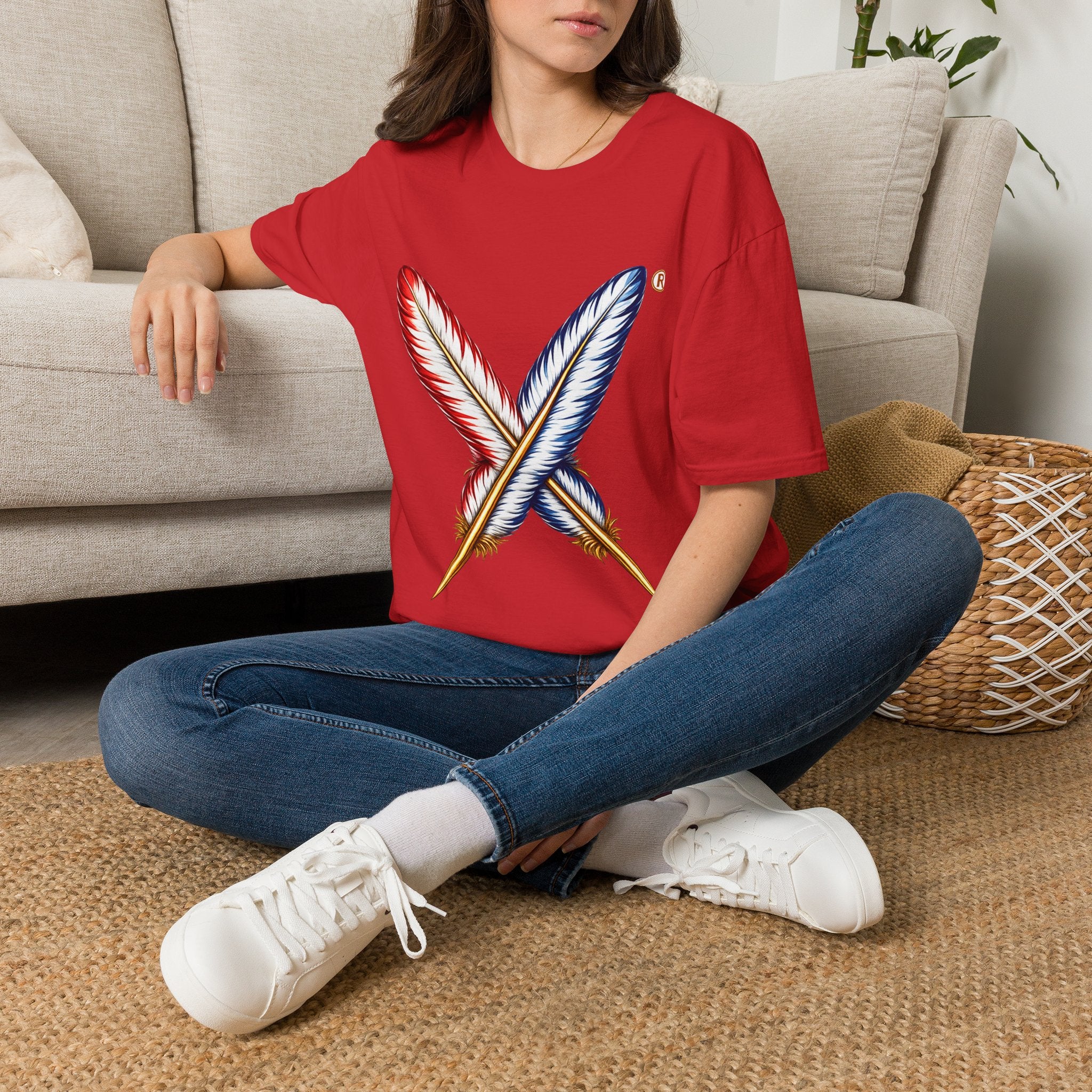 Activists X® Gold Feather Cross Tee — Red & Blue Tribal Feather Graphic T-Shirt