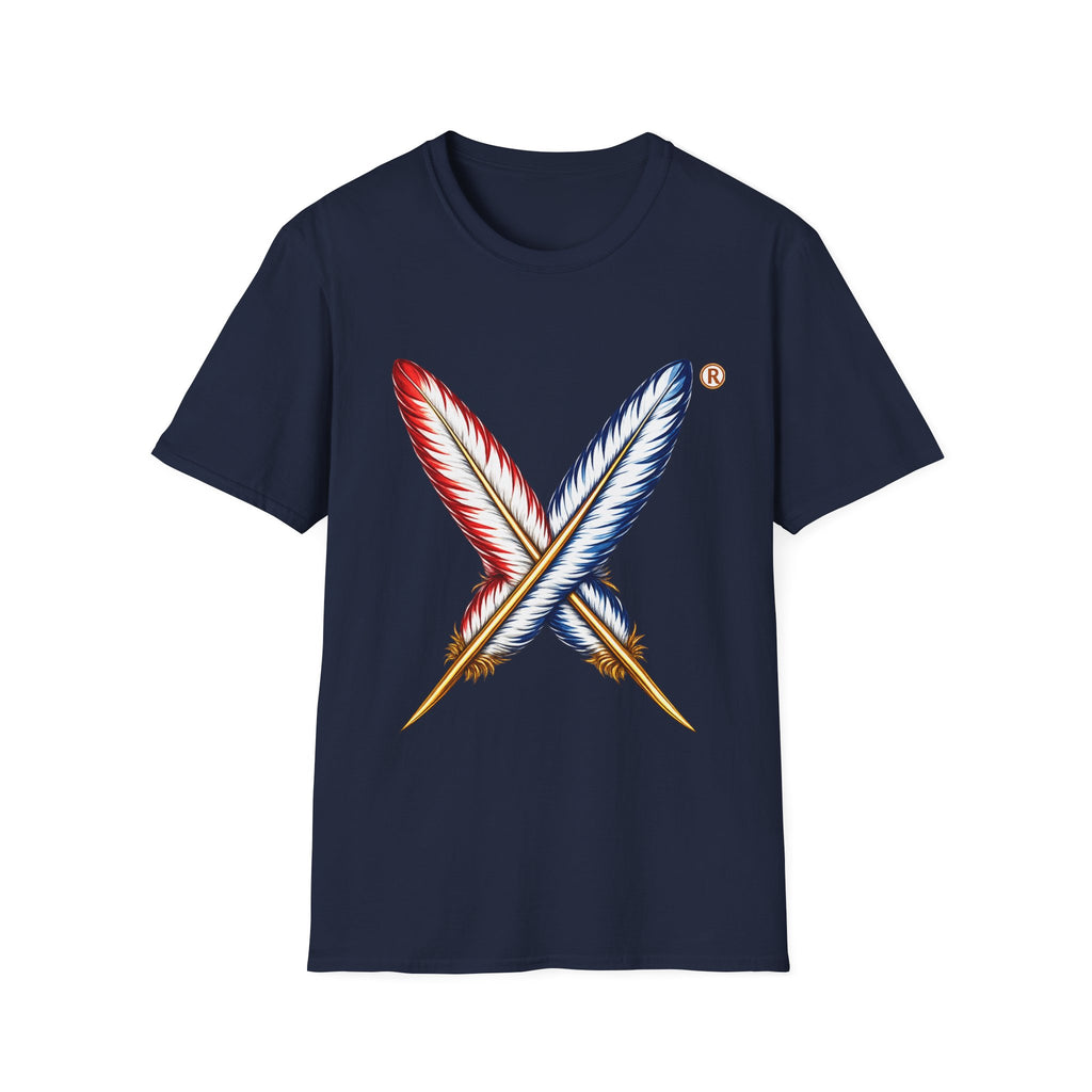 Activists X® Gold Feather Cross Tee — Red & Blue Tribal Feather Graphic T-Shirt