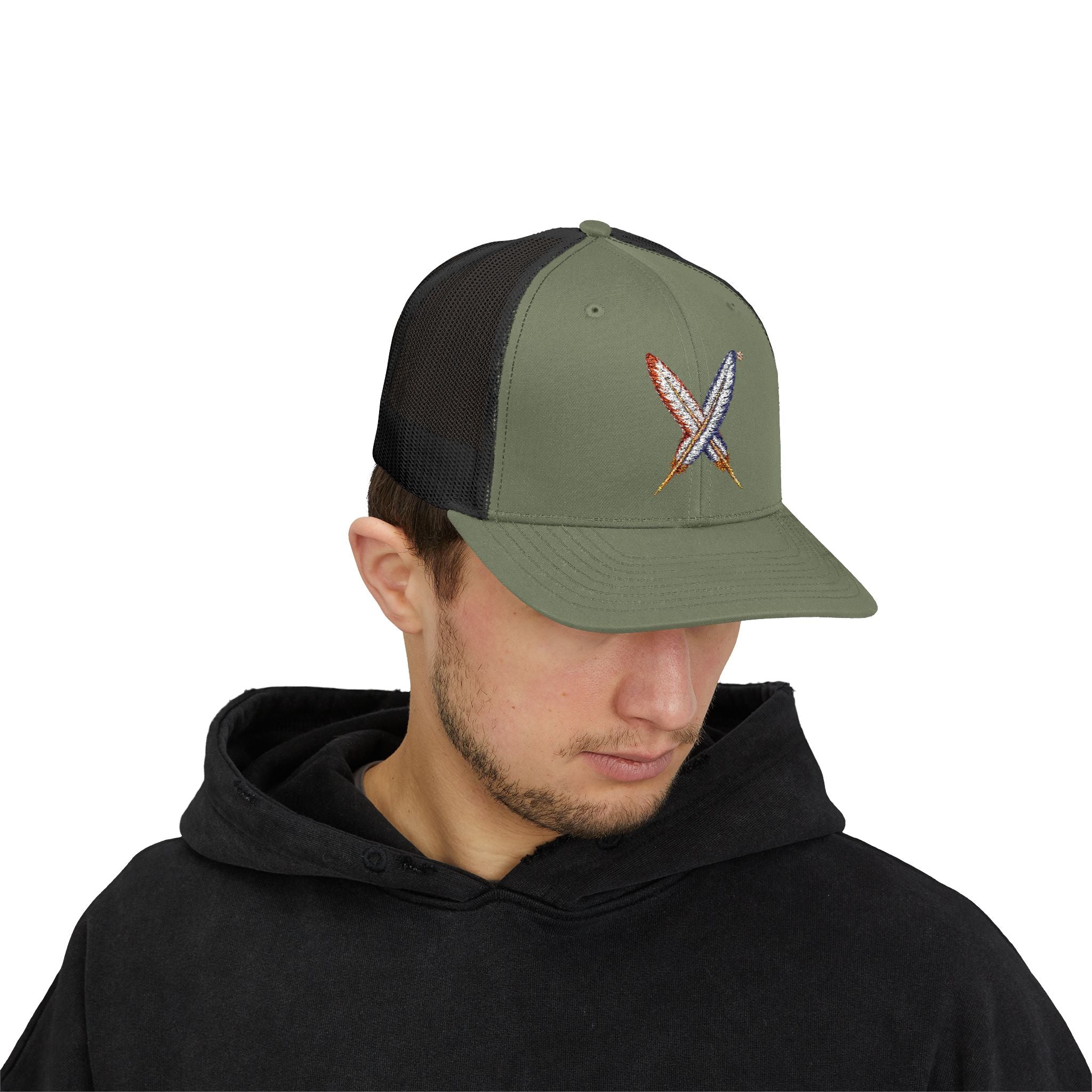 Embroidered Gold Feathered Surfboard Cross Snapback Trucker Cap