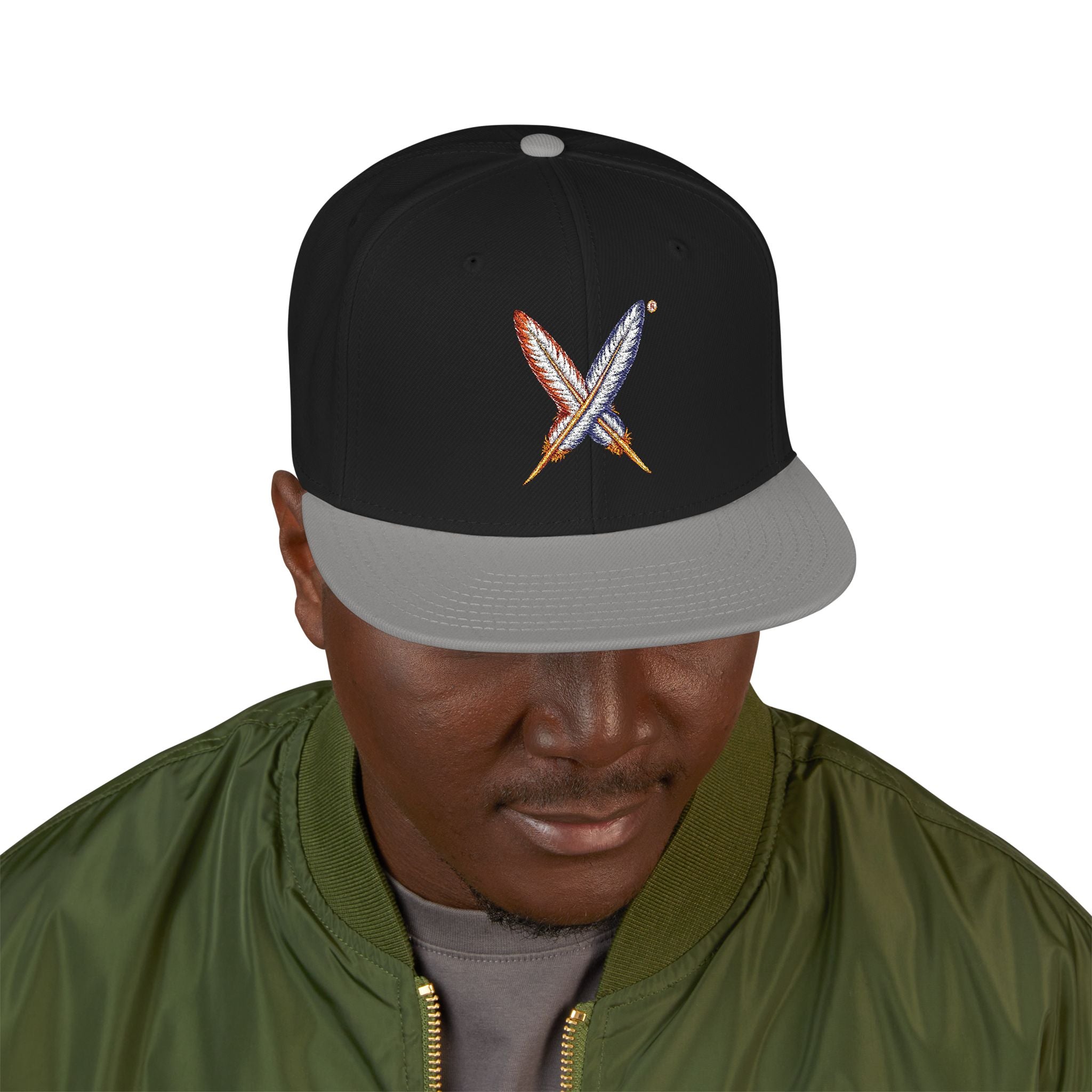Embroidered Gold Feathered Logo Snapback Hat — Streetwear Baseball Cap