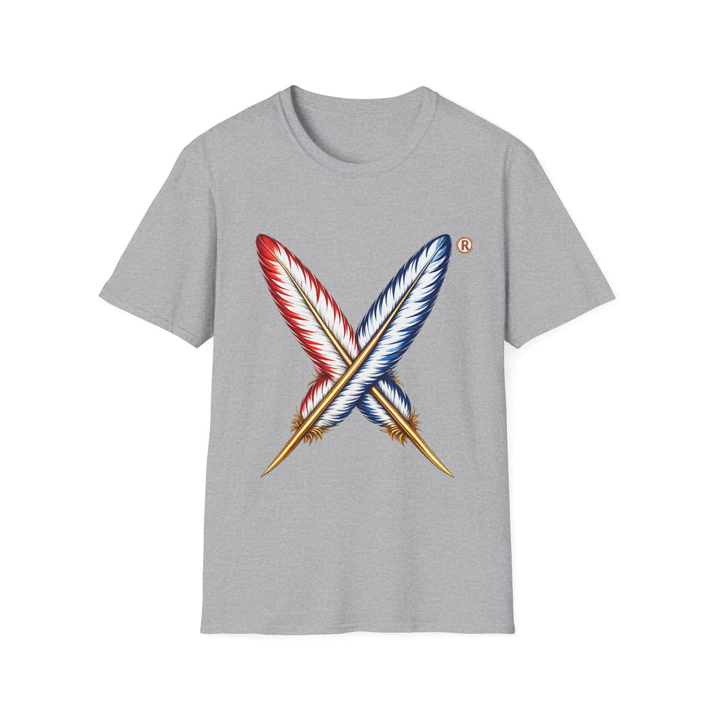 Activists X® Gold Feather Cross Tee — Red & Blue Tribal Feather Graphic T-Shirt